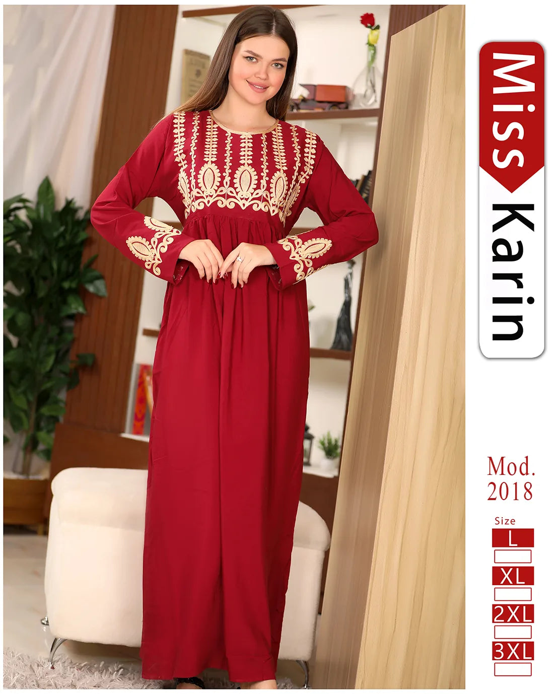 Woman wearing a red dress with white embroidery in a room setting, featuring 'Miss Karin' branding.