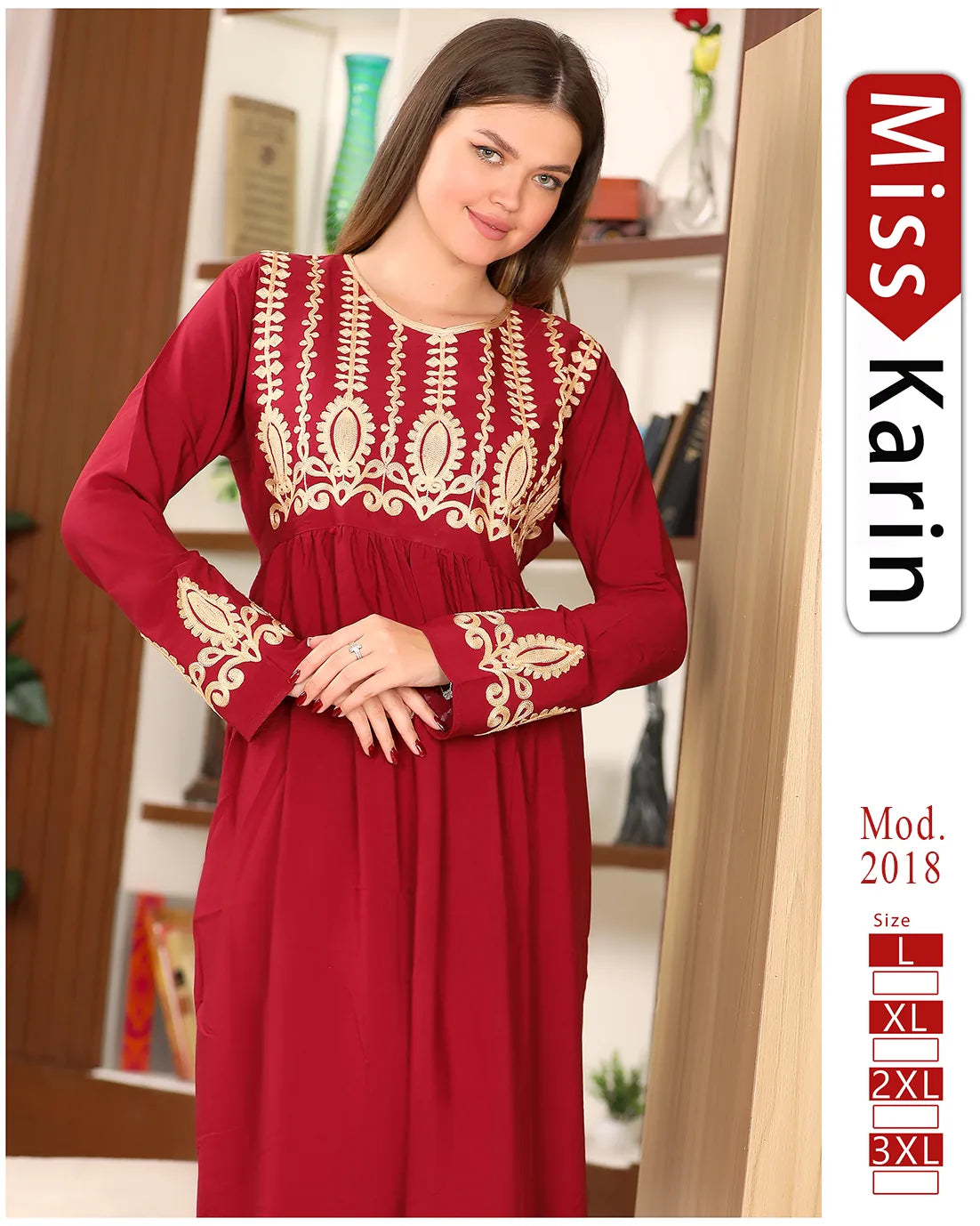 Woman wearing a red dress with gold embroidery in front of a mirror, with 'Miss Karin' branding.