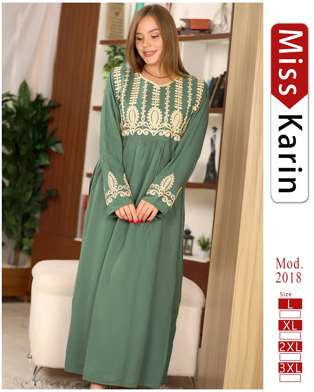Woman wearing a green dress with gold embroidery in a room setting, with 'Miss Karin' branding.