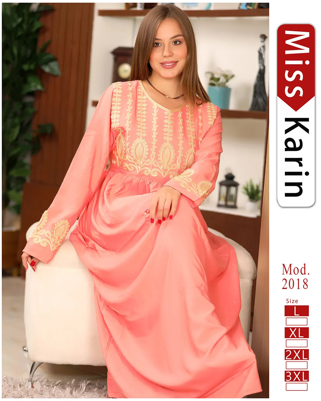 Woman wearing a pink dress with gold embroidery sitting on a chair, with 'Miss Karin' branding visible.