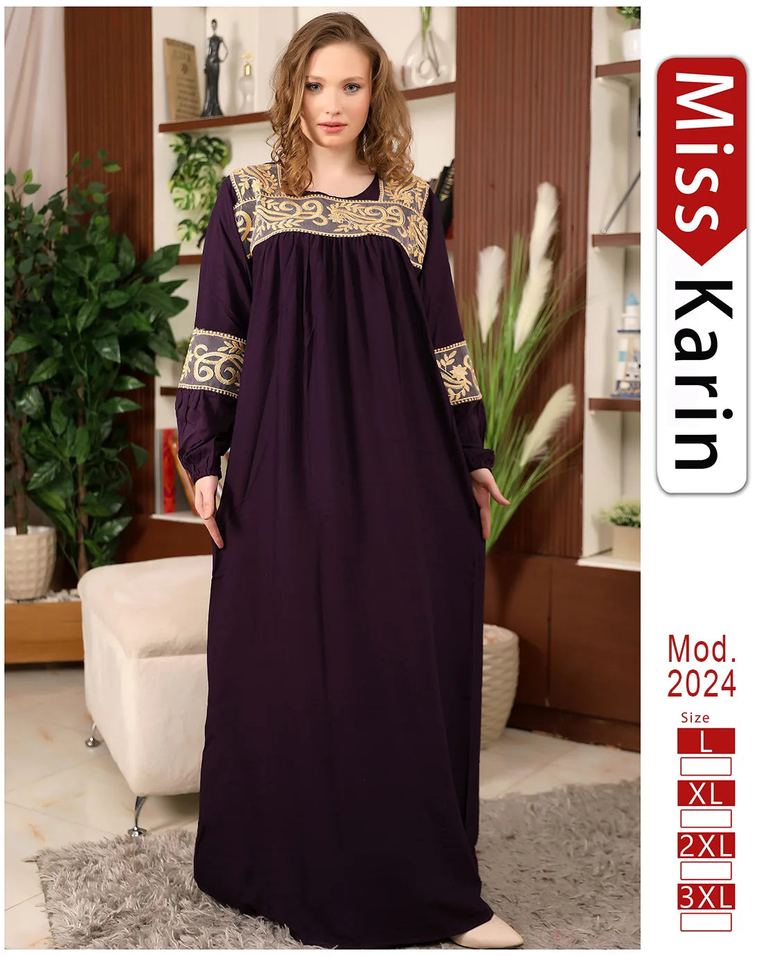 Woman wearing a long dark purple dress with gold embroidery in a room setting, featuring 'Miss Karin' branding.