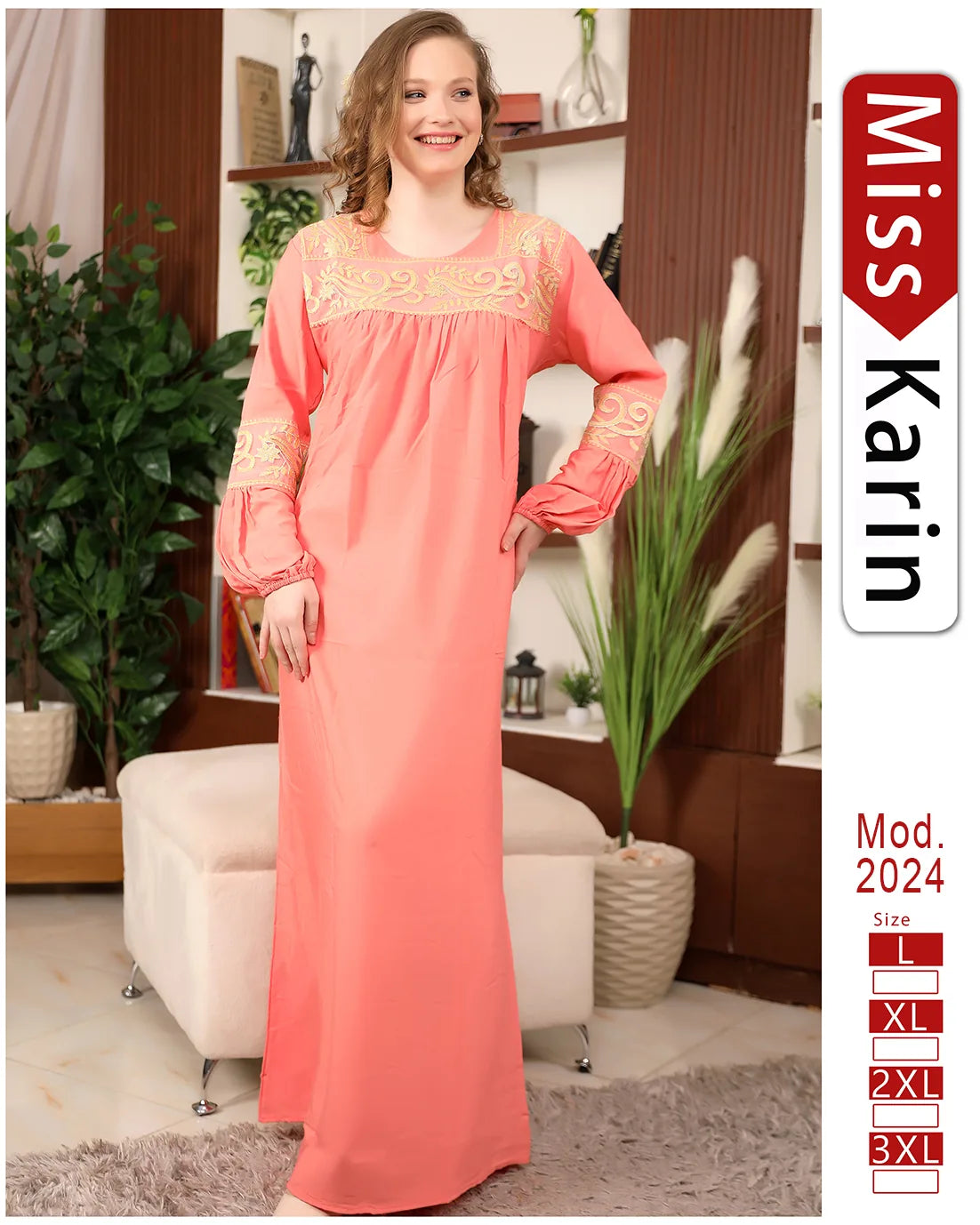 Woman wearing a coral dress with lace details in an indoor setting, with 'Miss Karin' branding visible.