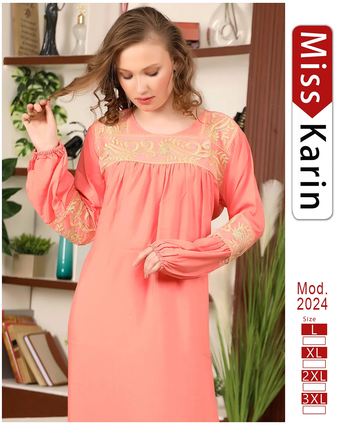 Woman wearing a coral dress with gold embroidery in a room with shelves and plants.