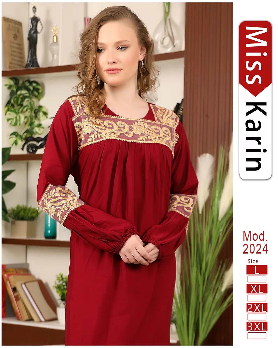Woman wearing a red dress with gold embroidery in a room setting, featuring 'Miss Karin' branding.