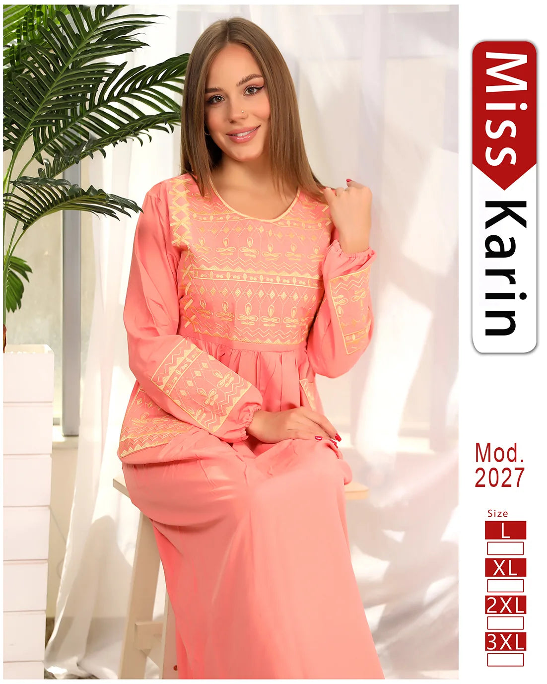 Woman wearing a pink outfit with 'Miss Karin' branding in the corner.