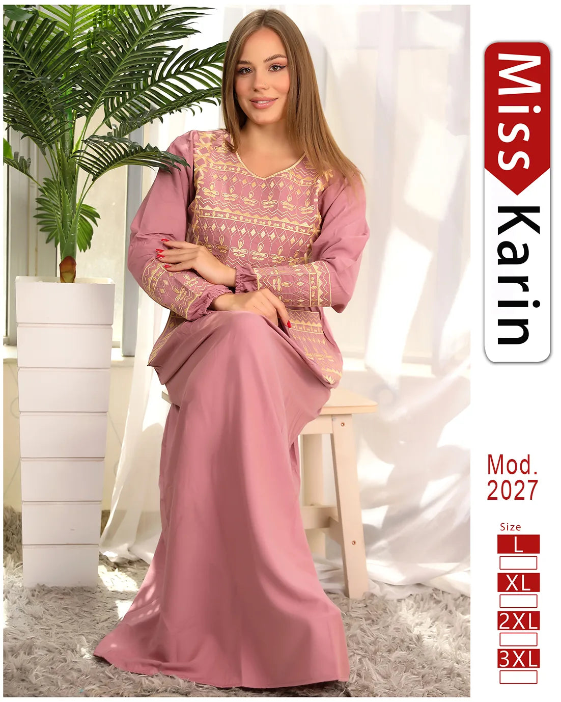 Woman wearing a pink dress with gold patterns, sitting on a chair with a plant in the background, and 'Miss Karin' branding.