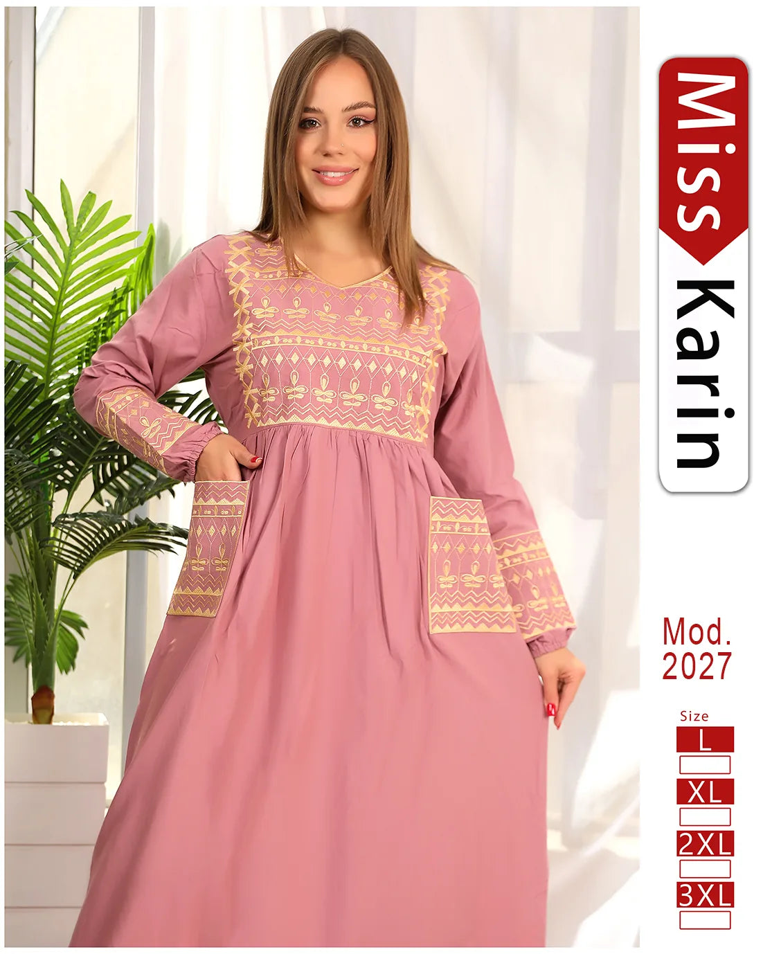 Woman wearing a pink dress with gold embroidery, standing indoors with a plant in the background. 'Miss Karin' brand visible.