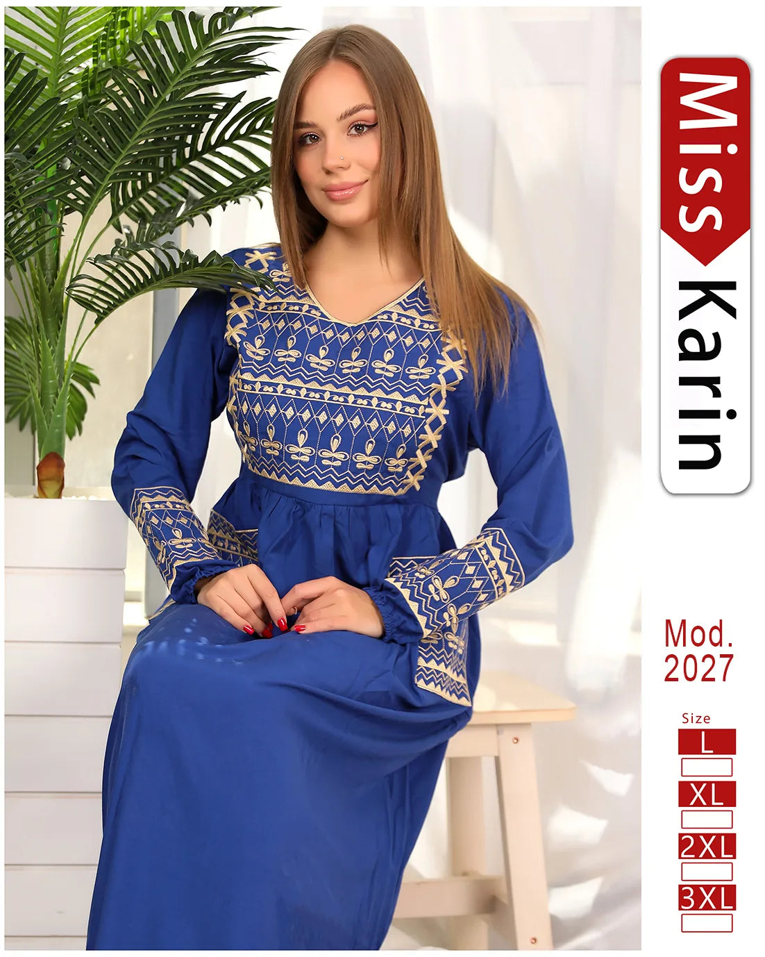 Woman wearing a blue dress with embroidery sitting on a white bench, with 'Miss Karin' branding visible.