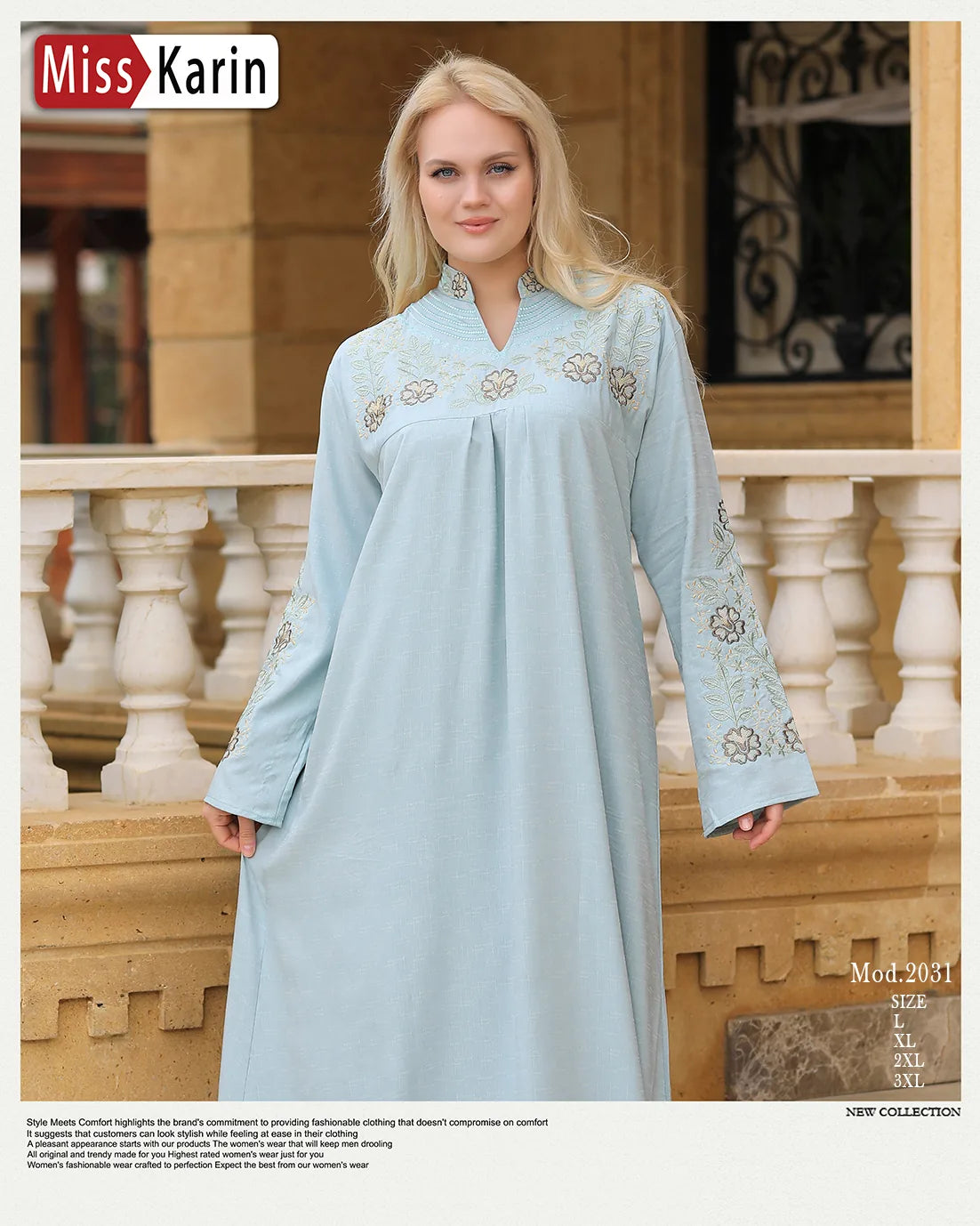 Woman wearing a light blue dress with floral embroidery in an outdoor setting, featuring the brand 'Miss Karin'.