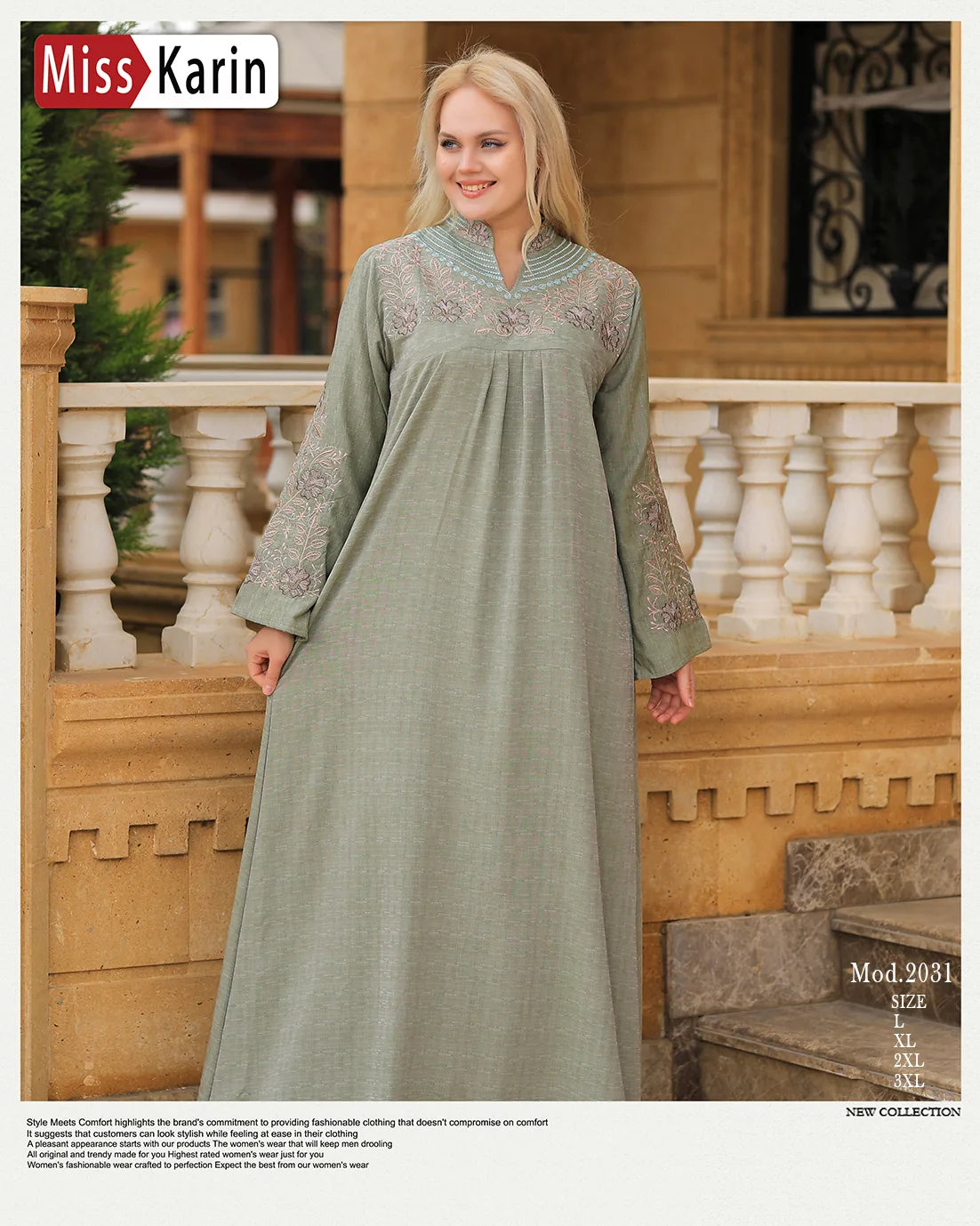 Woman wearing a long green dress with floral patterns in an outdoor setting, featuring 'Miss Karin' branding.