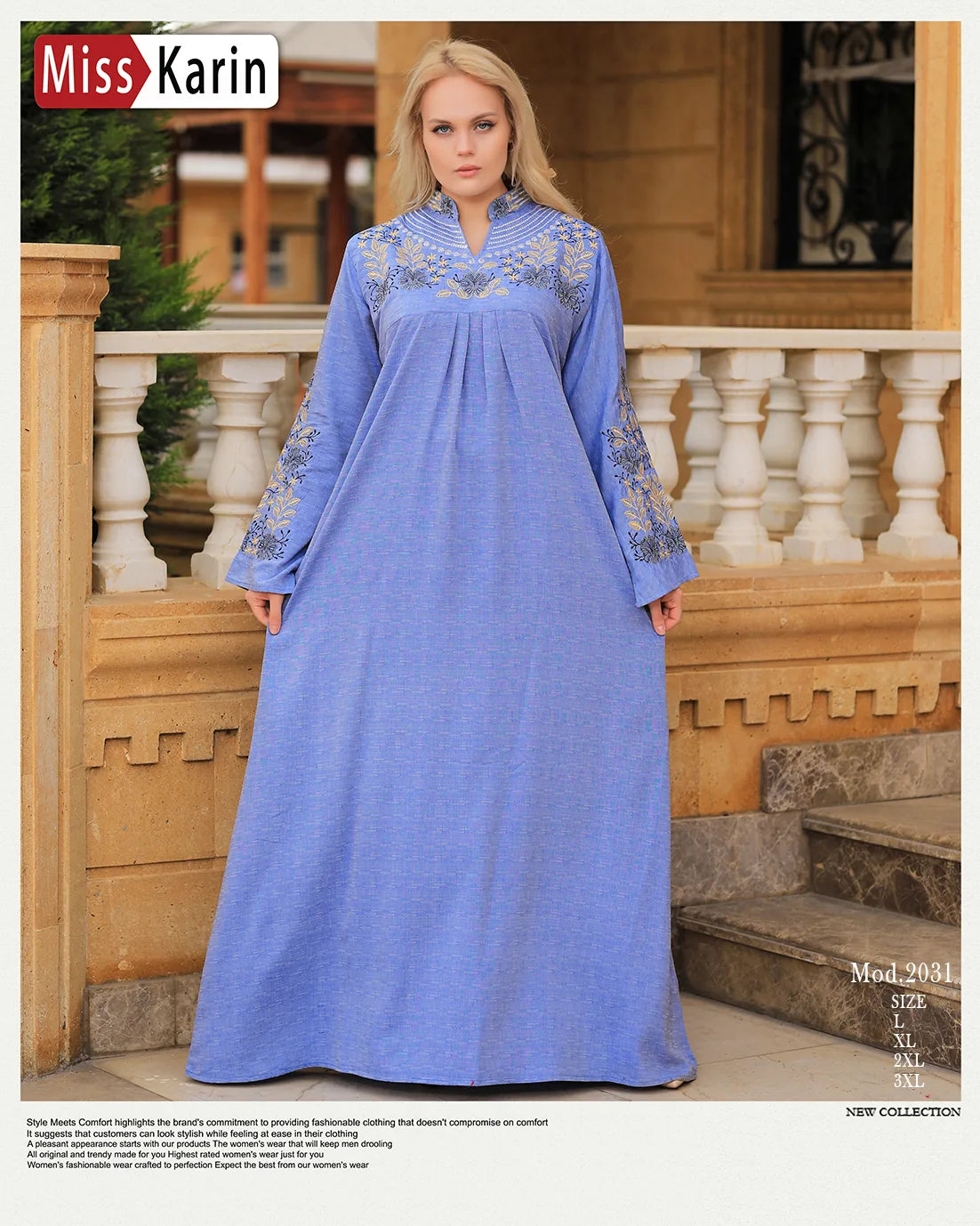 Woman wearing a blue dress with floral embroidery in an outdoor setting, featuring the brand 'Miss Karin'.