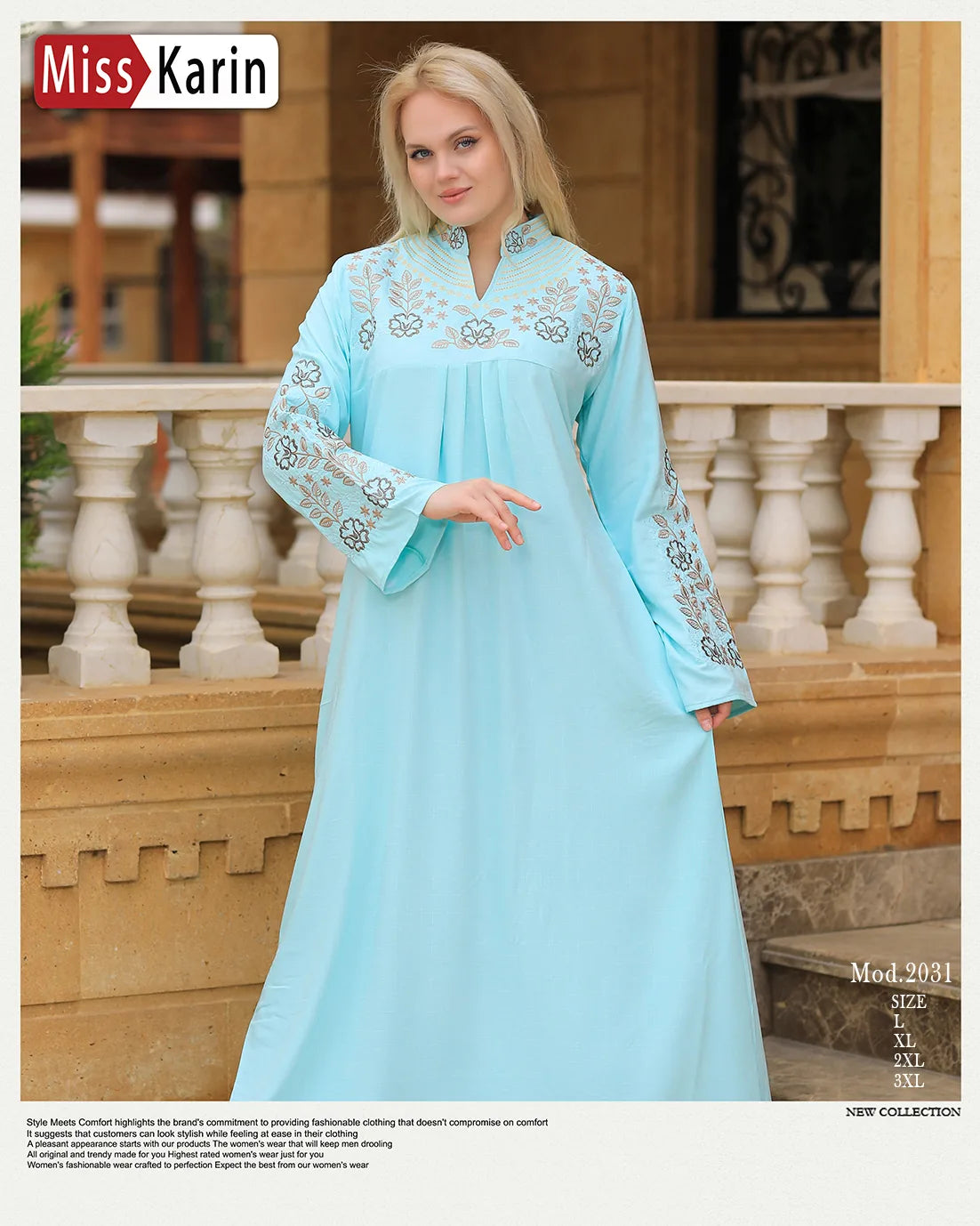 Woman wearing a light blue dress with intricate patterns, standing on a stone staircase.