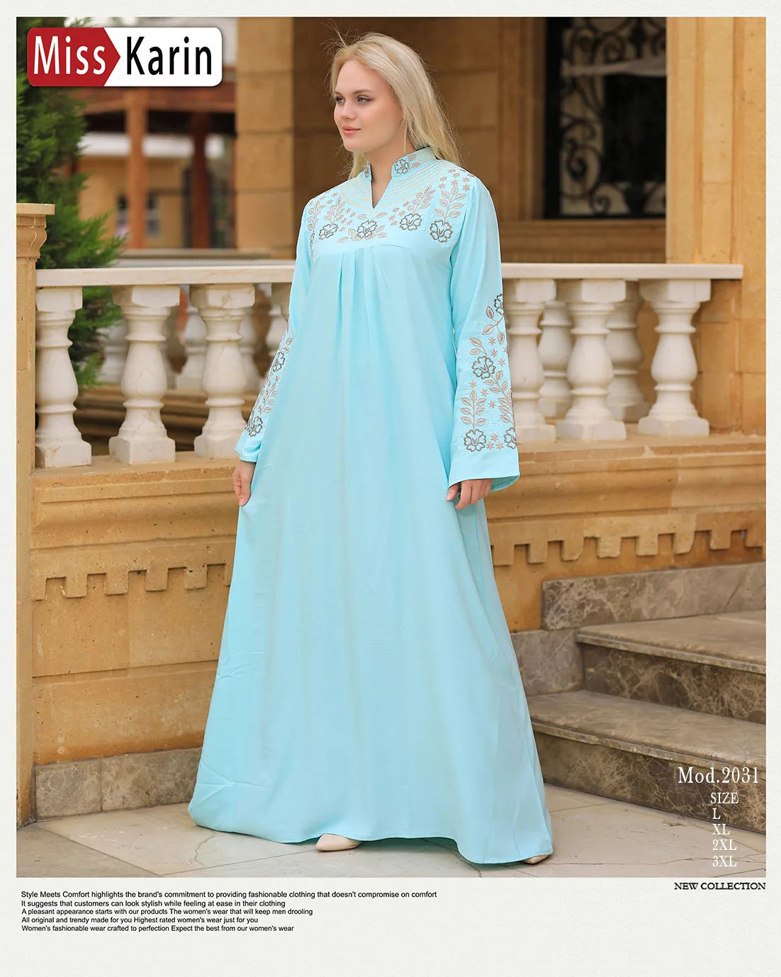 Woman wearing a light blue dress with floral embroidery in an outdoor setting.