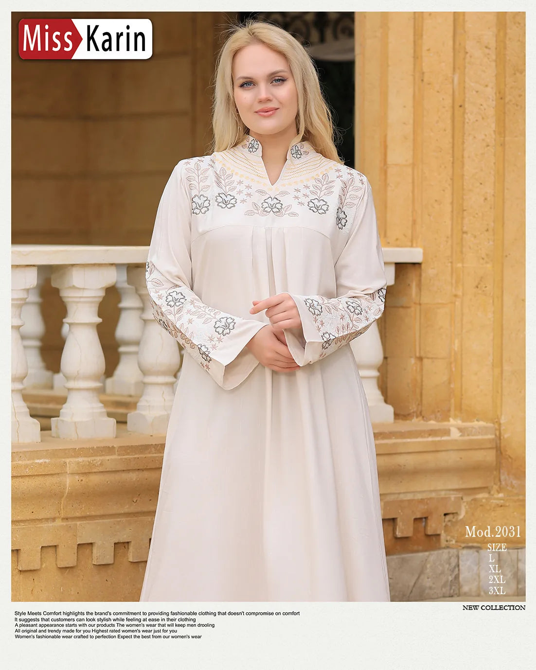 Woman wearing a white dress with lace details in front of a stone building.