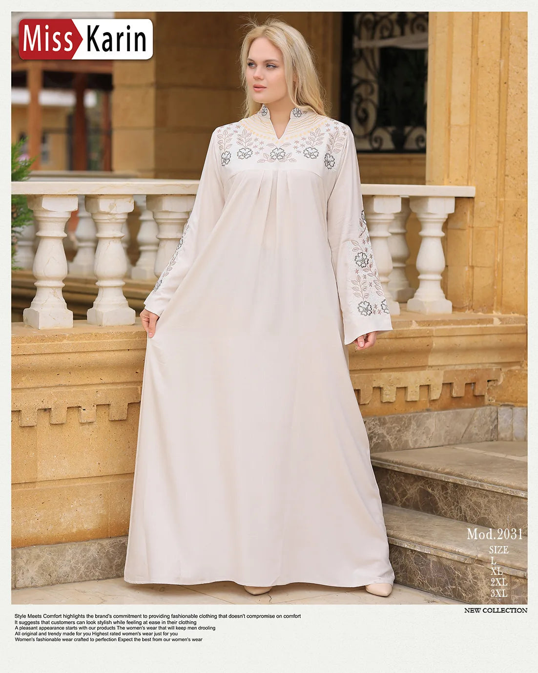 Woman wearing a long, light-colored dress with embroidery standing on steps.