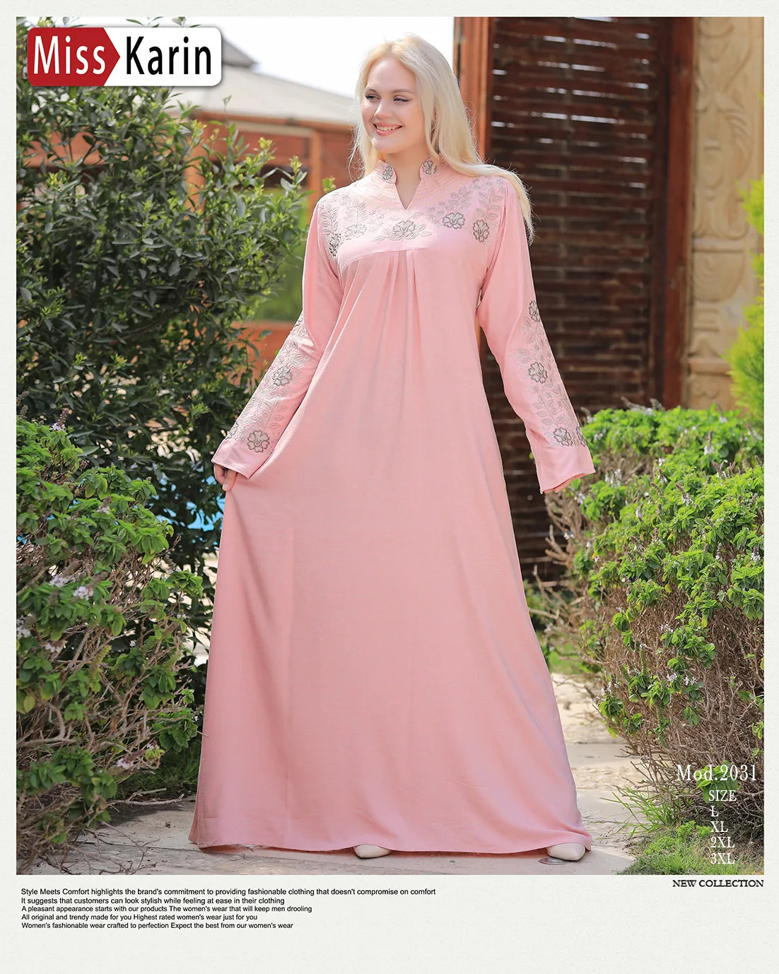 Woman wearing a pink dress with floral embroidery in an outdoor setting, branded 'Miss Karin'.