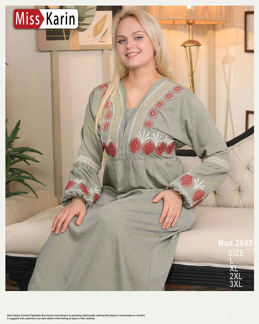 Woman wearing a green embroidered outfit sitting on a couch with 'Miss Karin' branding.