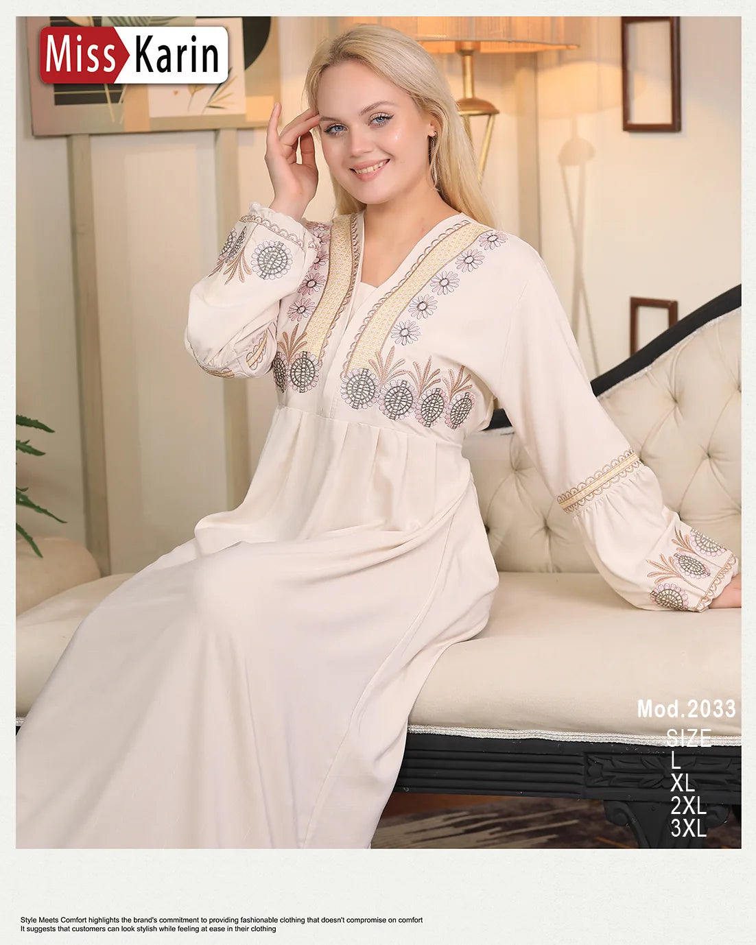 Woman wearing a white embroidered dress sitting on a couch with 'Miss Karin' branding.