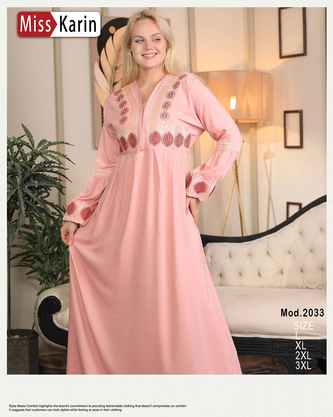 Woman wearing a pink dress with red embroidery in an indoor setting, featuring the brand 'Miss Karin'.