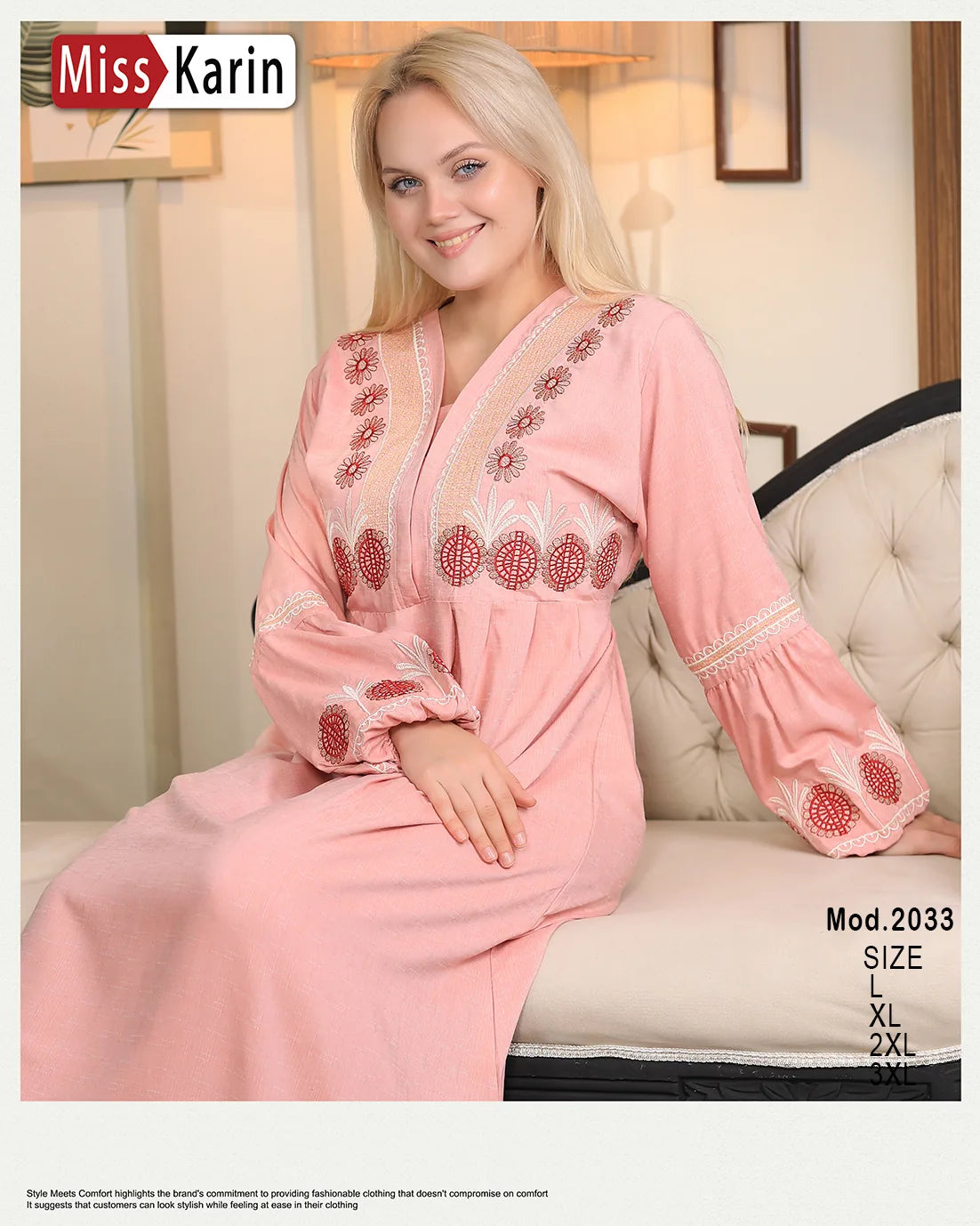 Woman wearing a pink embroidered dress sitting on a couch, with 'Miss Karin' branding.