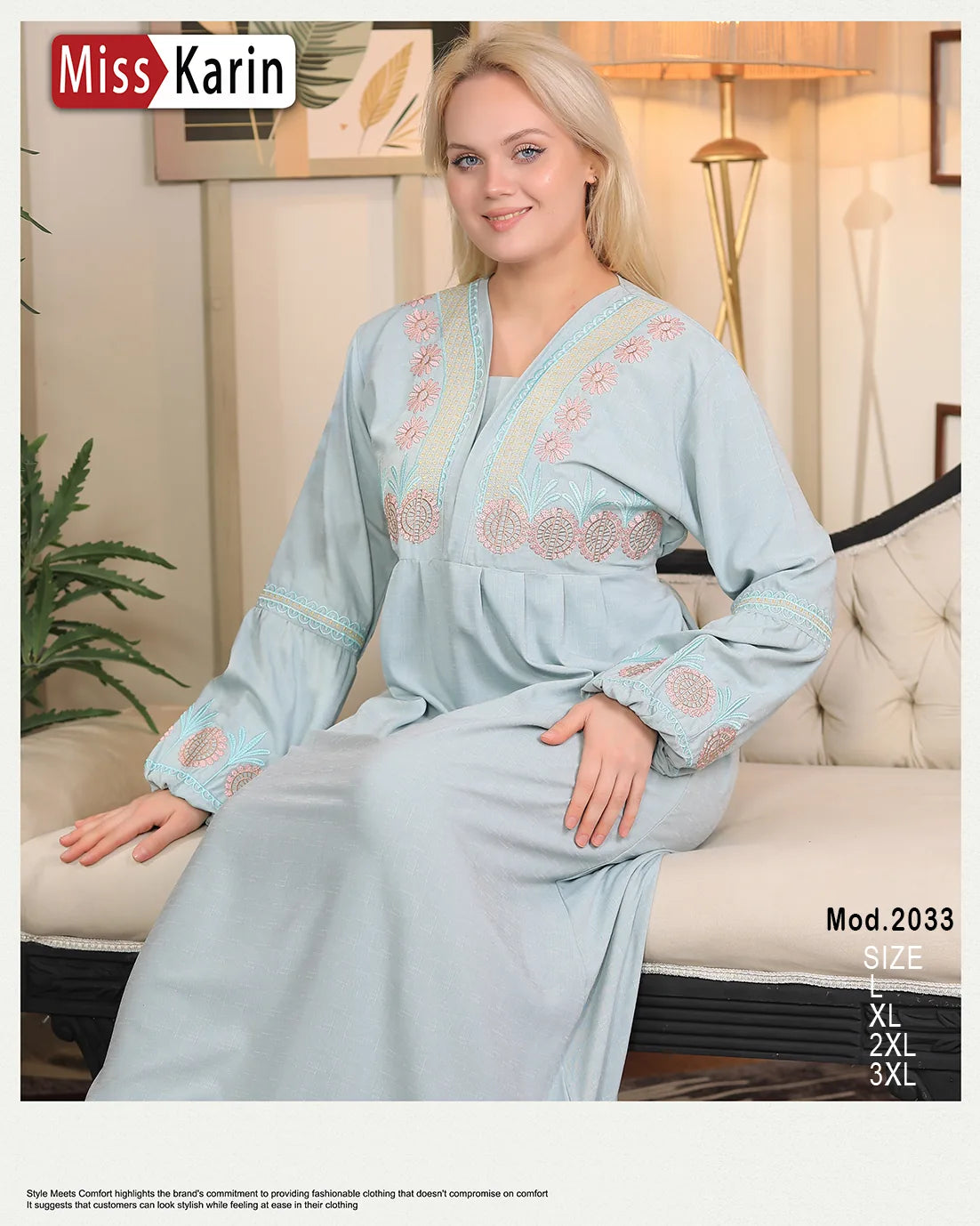 Woman wearing a light blue embroidered outfit sitting on a couch, with 'Miss Karin' branding.
