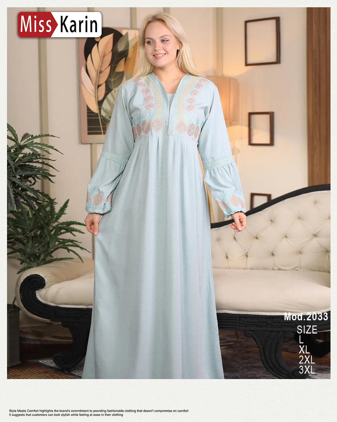 Woman wearing a light blue embroidered dress in a decorated room with 'Miss Karin' branding.