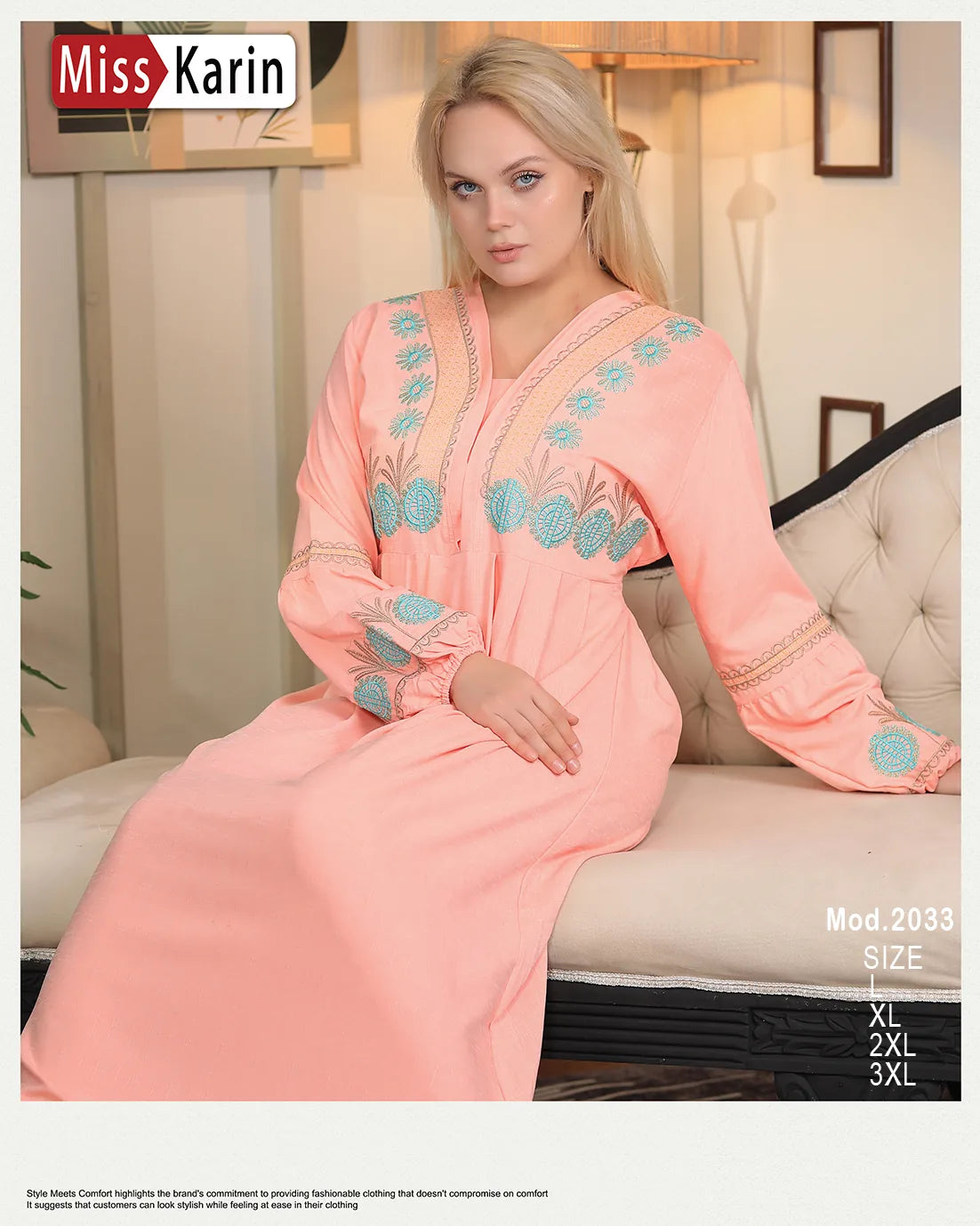 Woman wearing a pink embroidered dress sitting on a couch, with 'Miss Karin' branding.
