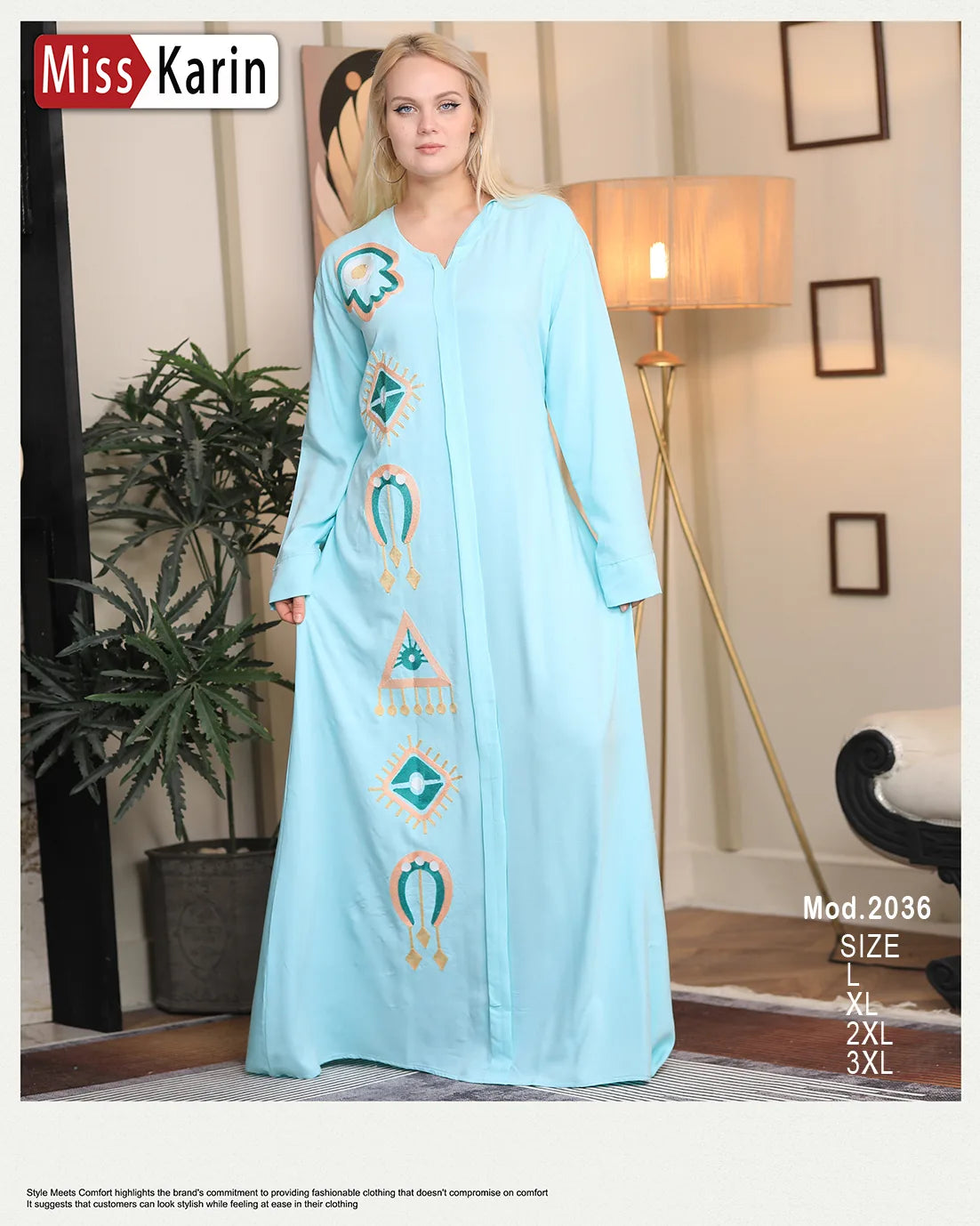 Woman wearing a light blue dress with embroidery in a room setting, featuring 'Miss Karin' branding.