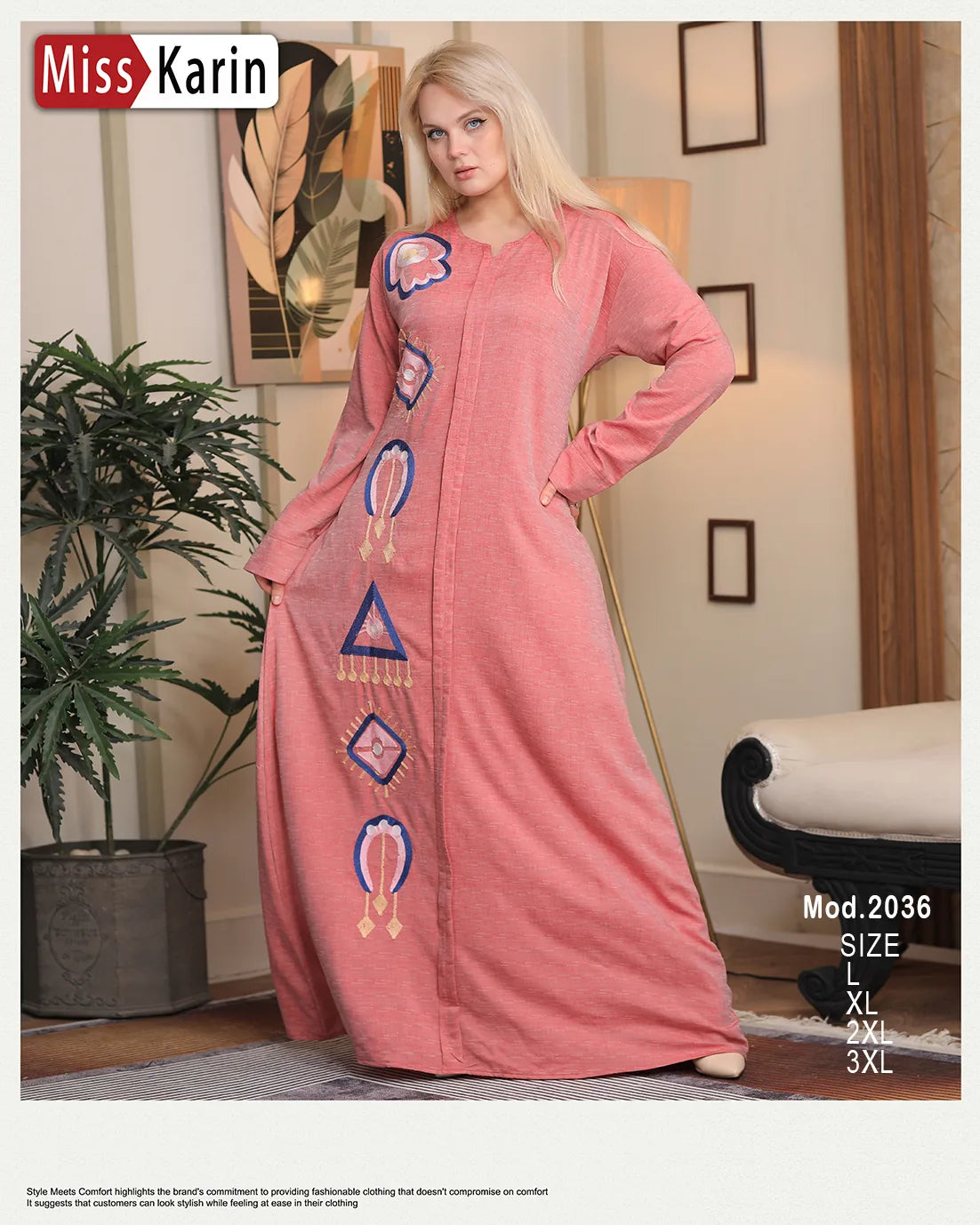 Woman wearing a pink dress with embroidery in a room setting, featuring 'Miss Karin' branding.