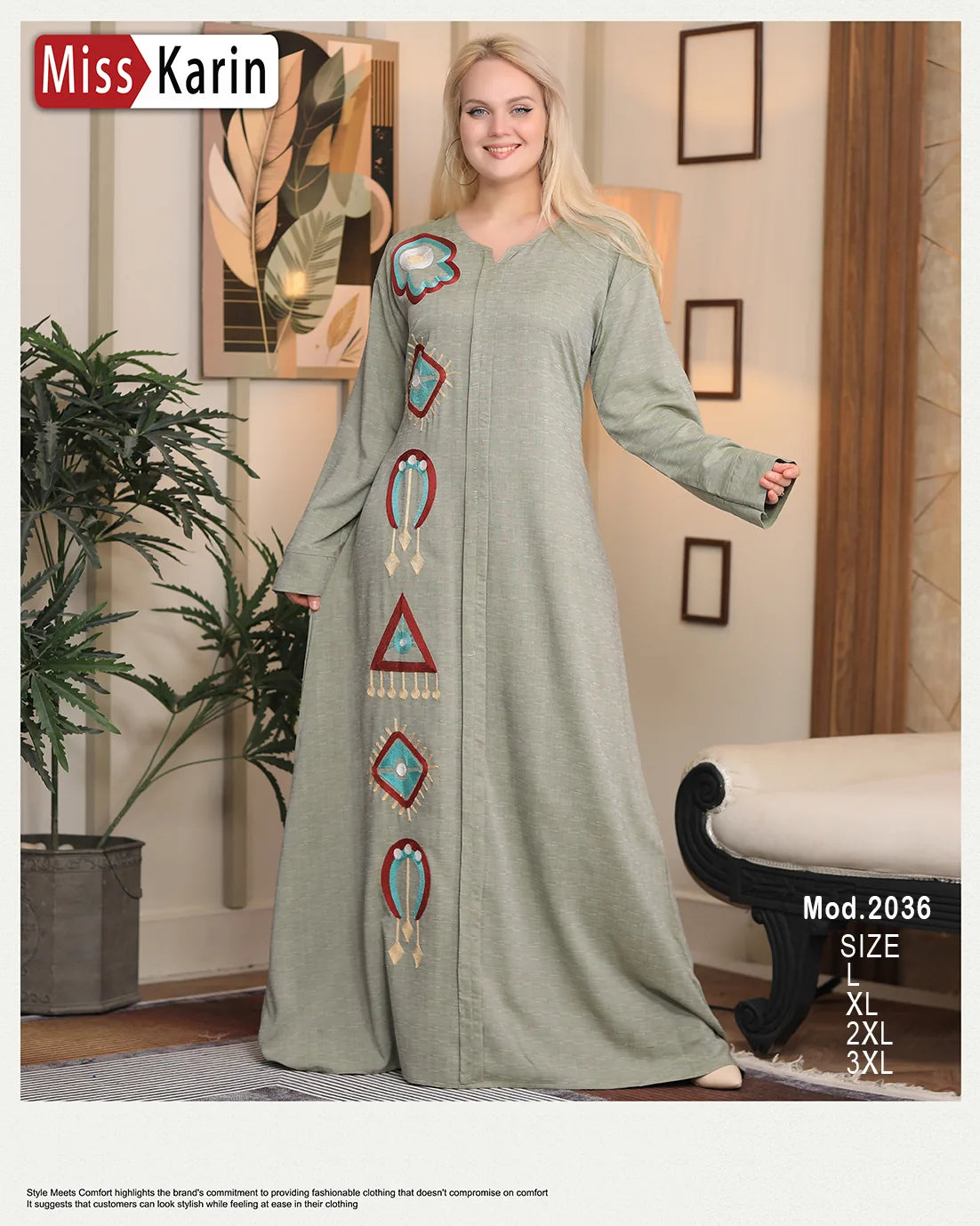 Woman wearing a long green dress with geometric patterns in a room setting, featuring 'Miss Karin' branding.
