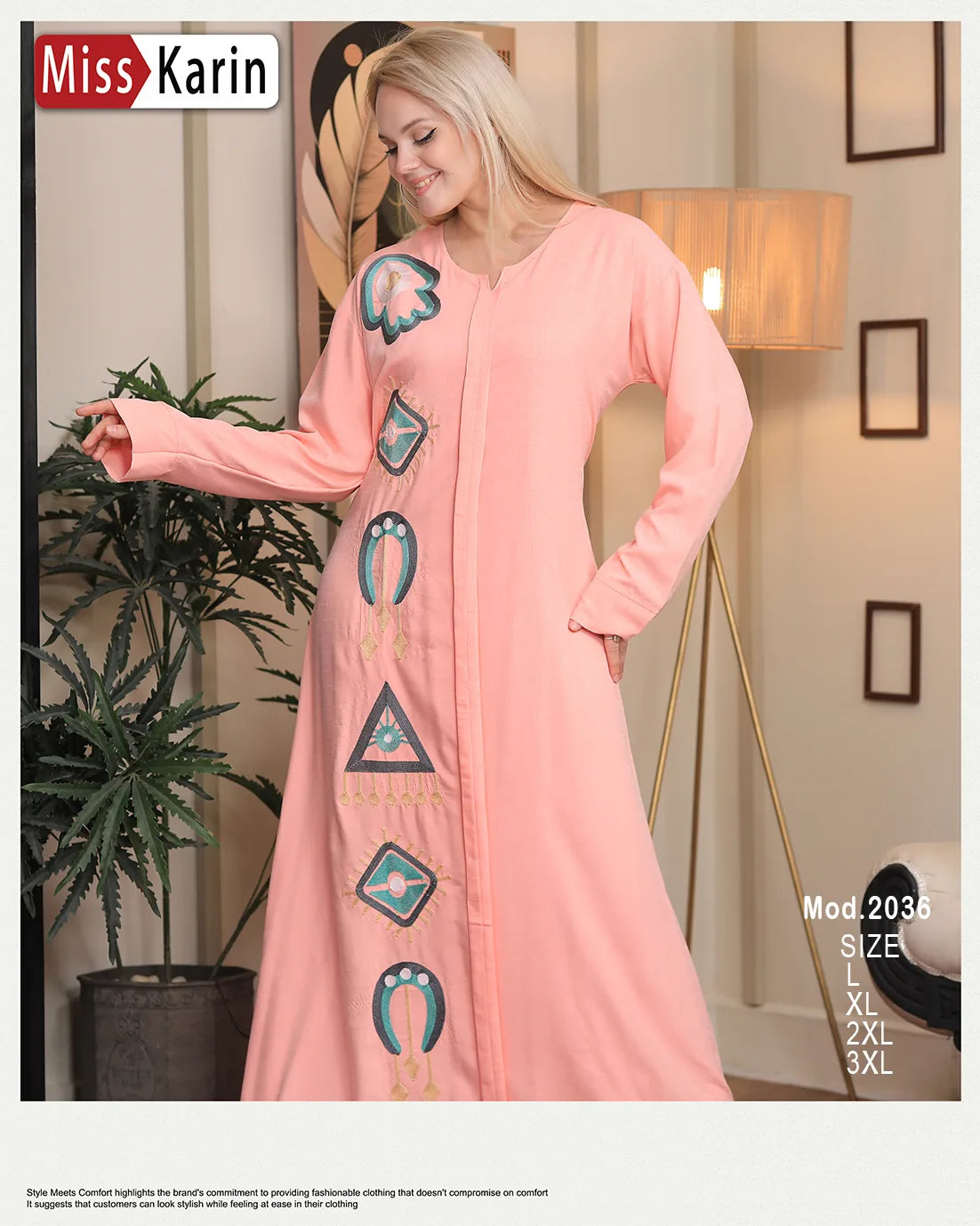 Woman wearing a pink dress with decorative patterns in a room setting, featuring 'Miss Karin' branding.