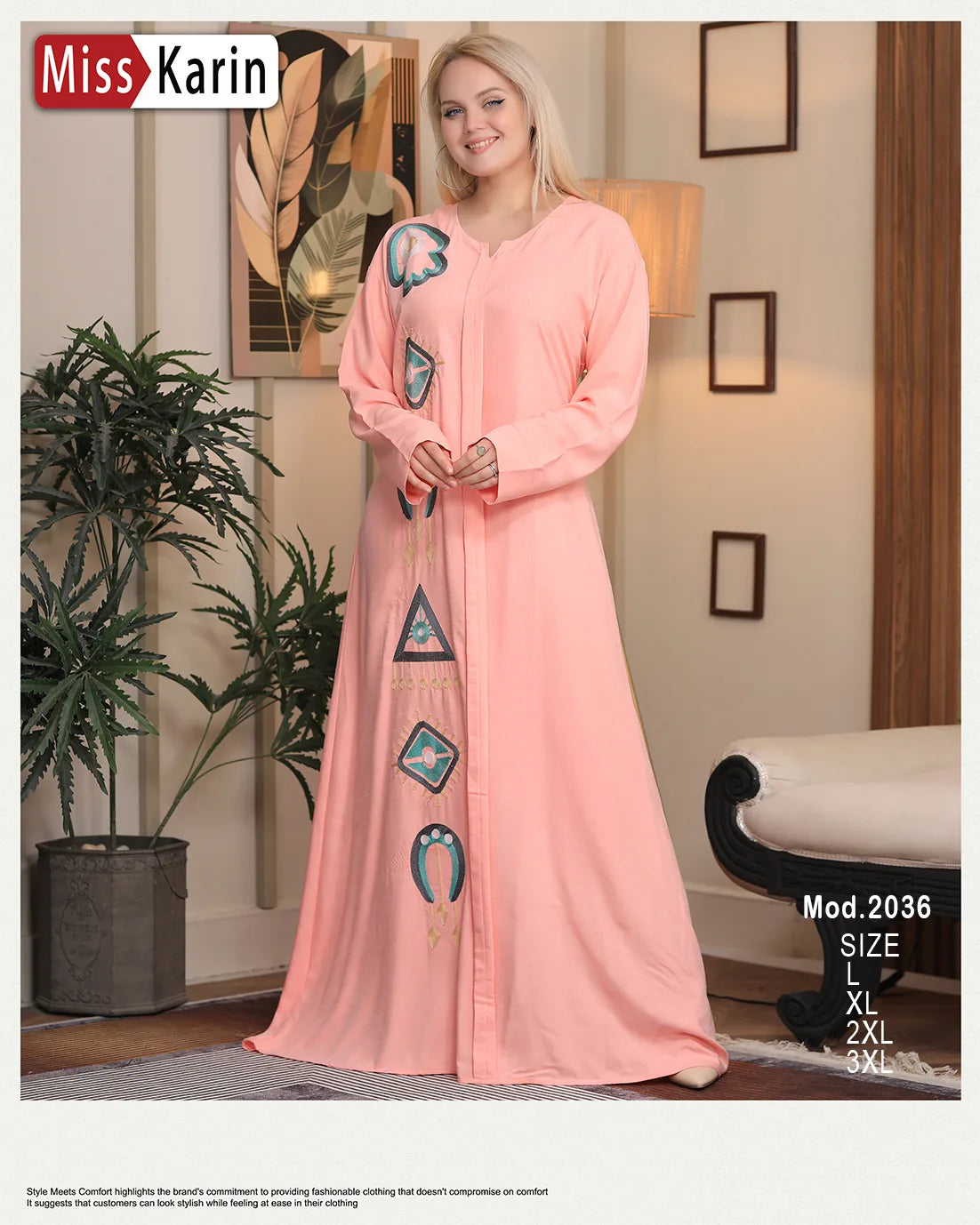 Woman wearing a pink dress with decorative patches in a room setting, featuring 'Miss Karin' branding.