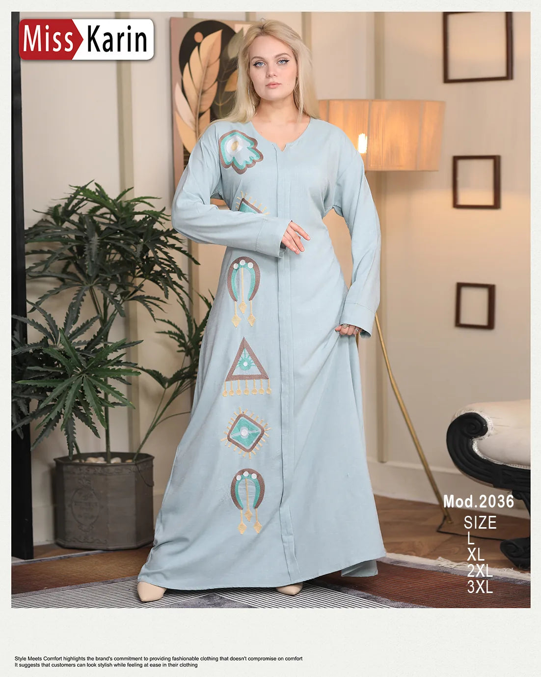 Woman wearing a light blue dress with geometric patterns in a room setting, featuring 'Miss Karin' branding.