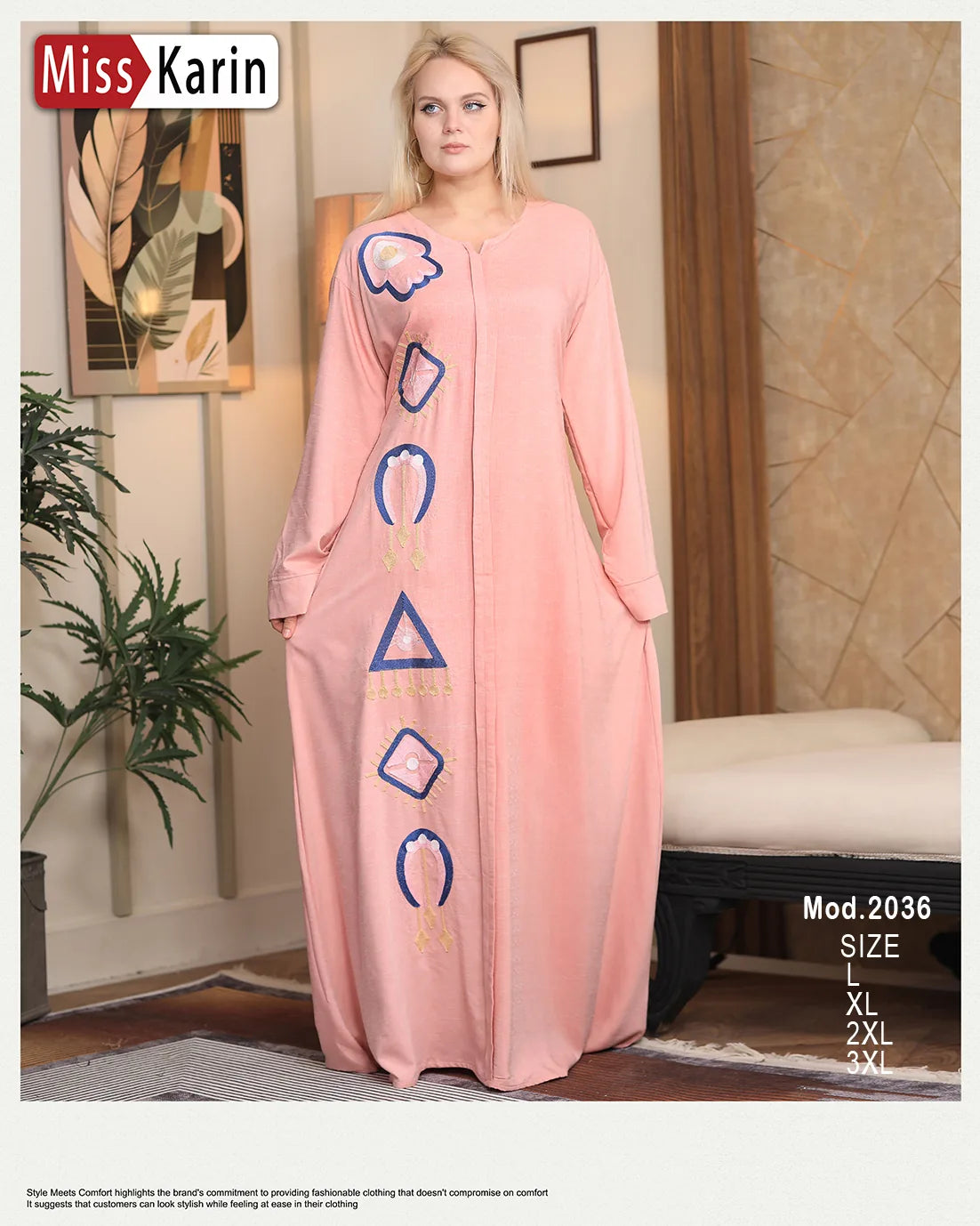 Woman wearing a pink dress with geometric patterns in a room setting, featuring 'Miss Karin' branding.