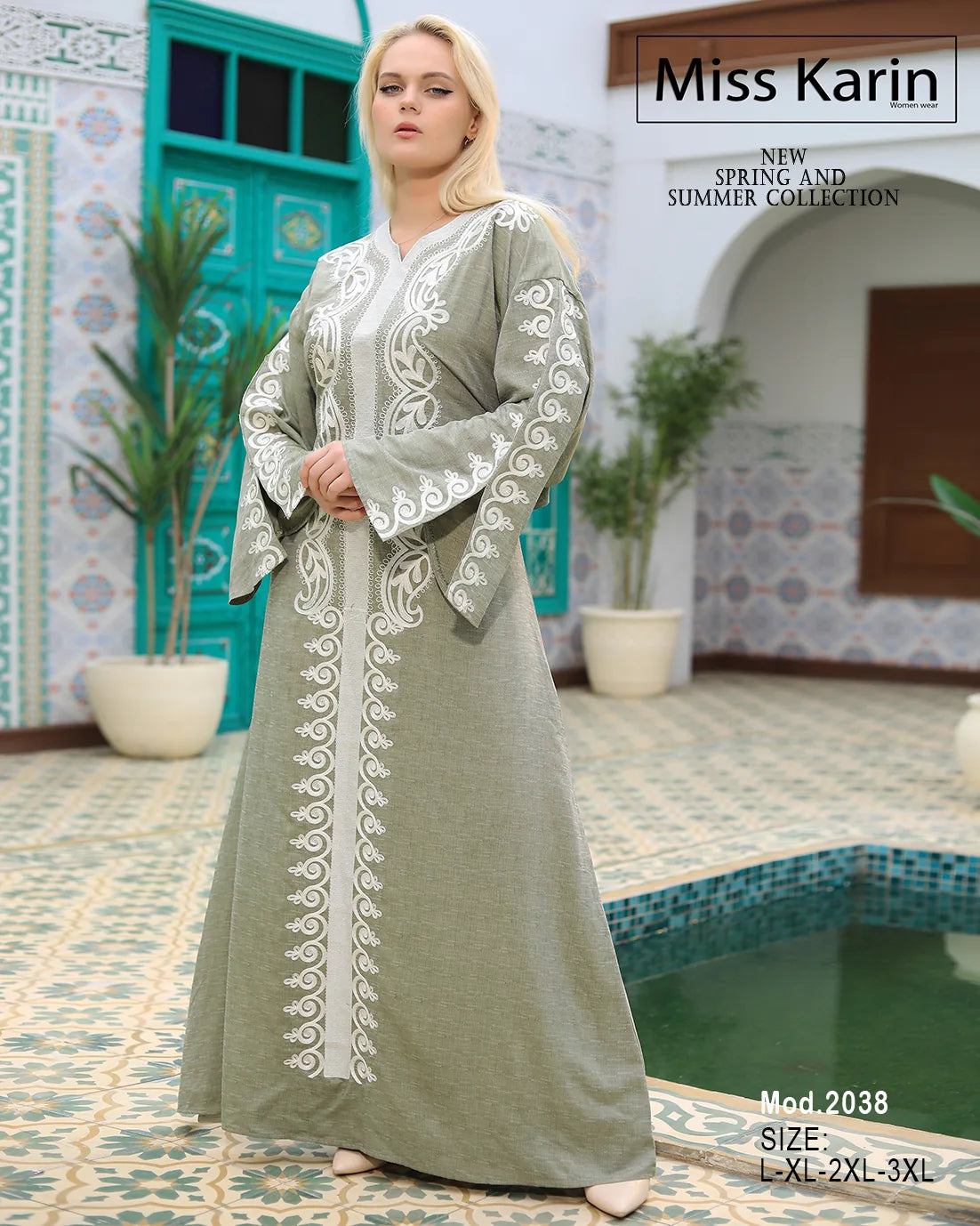 Woman wearing a green dress with white embroidery in an outdoor setting, with 'Miss Karin' branding.