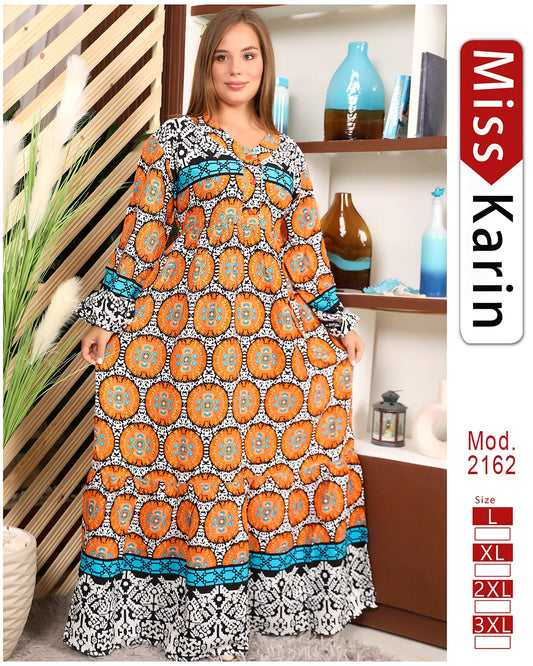 جلابية استقبال صيفي مخملية مطبوعة بربطة رقبة | Miss Karin موديل 2162 (XL–3XL)