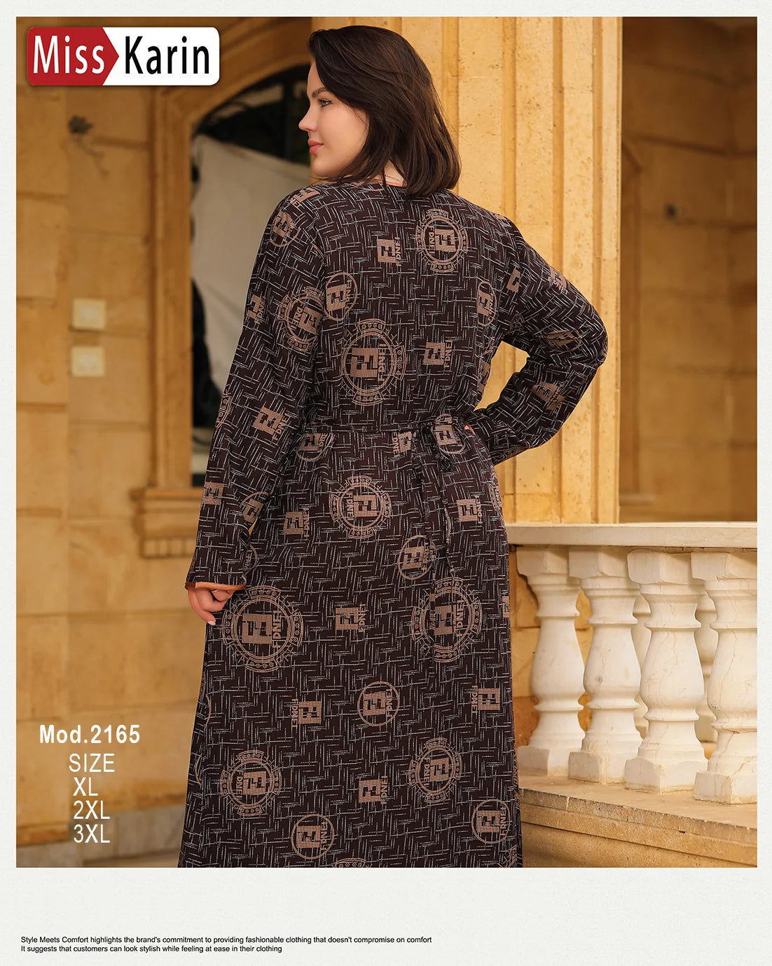 Woman wearing a patterned dress with 'Miss Karin' branding in an indoor setting.