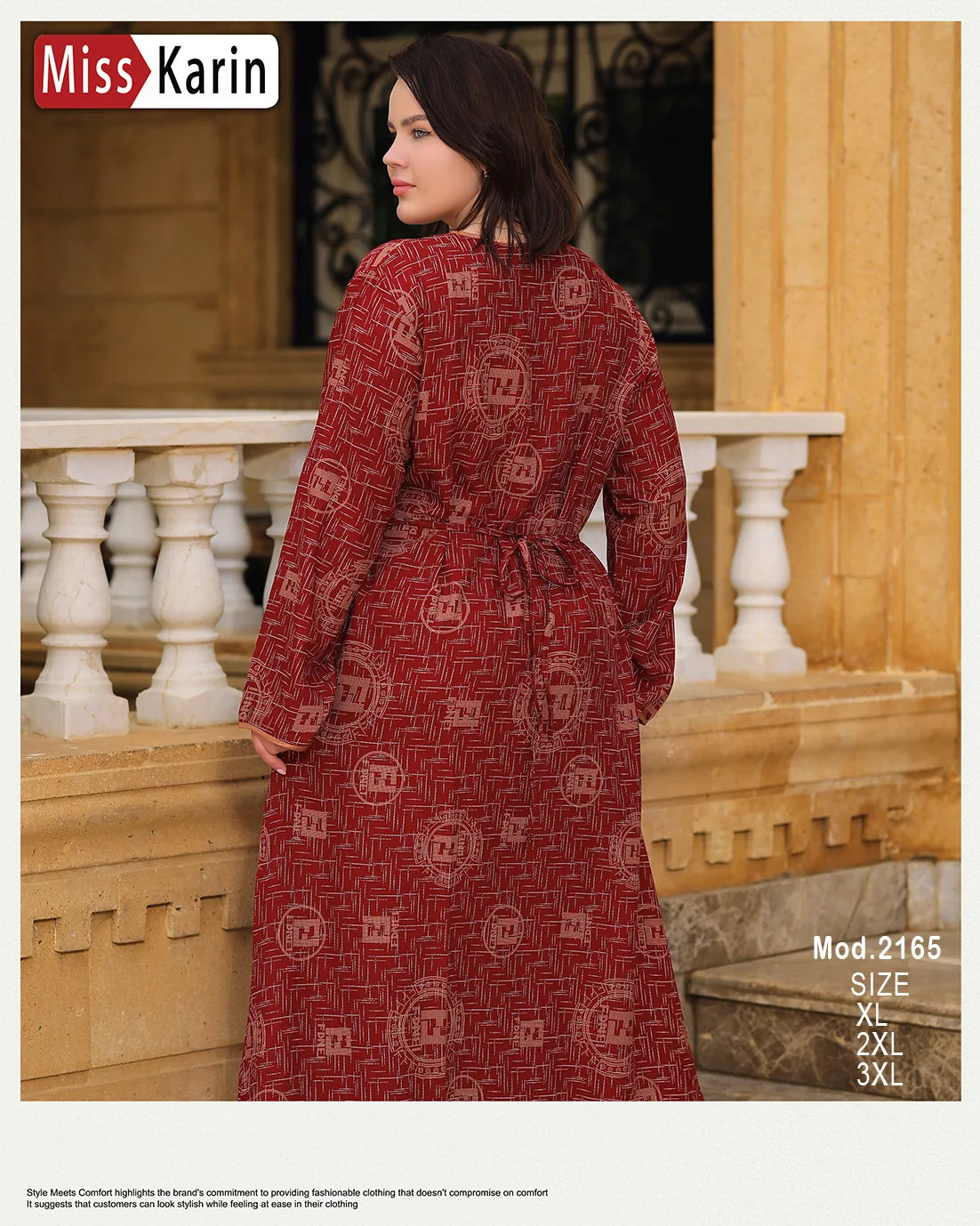 Woman wearing a red patterned dress with 'Miss Karin' branding in an outdoor setting.