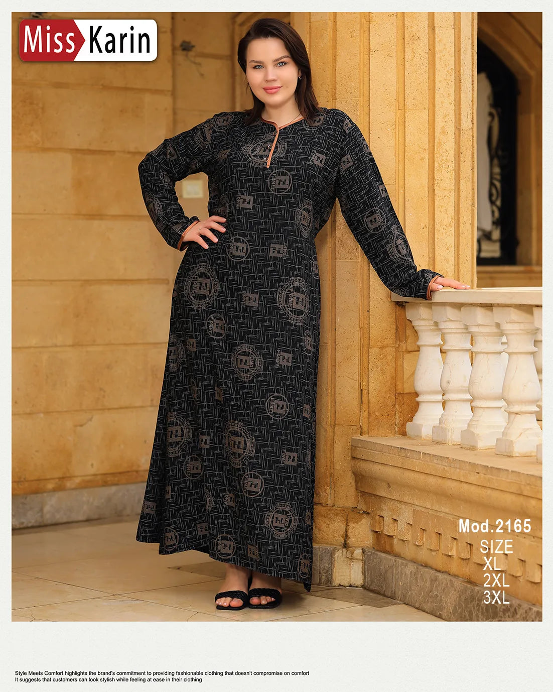 Woman wearing a black patterned dress standing against a beige wall with 'Miss Karin' branding.