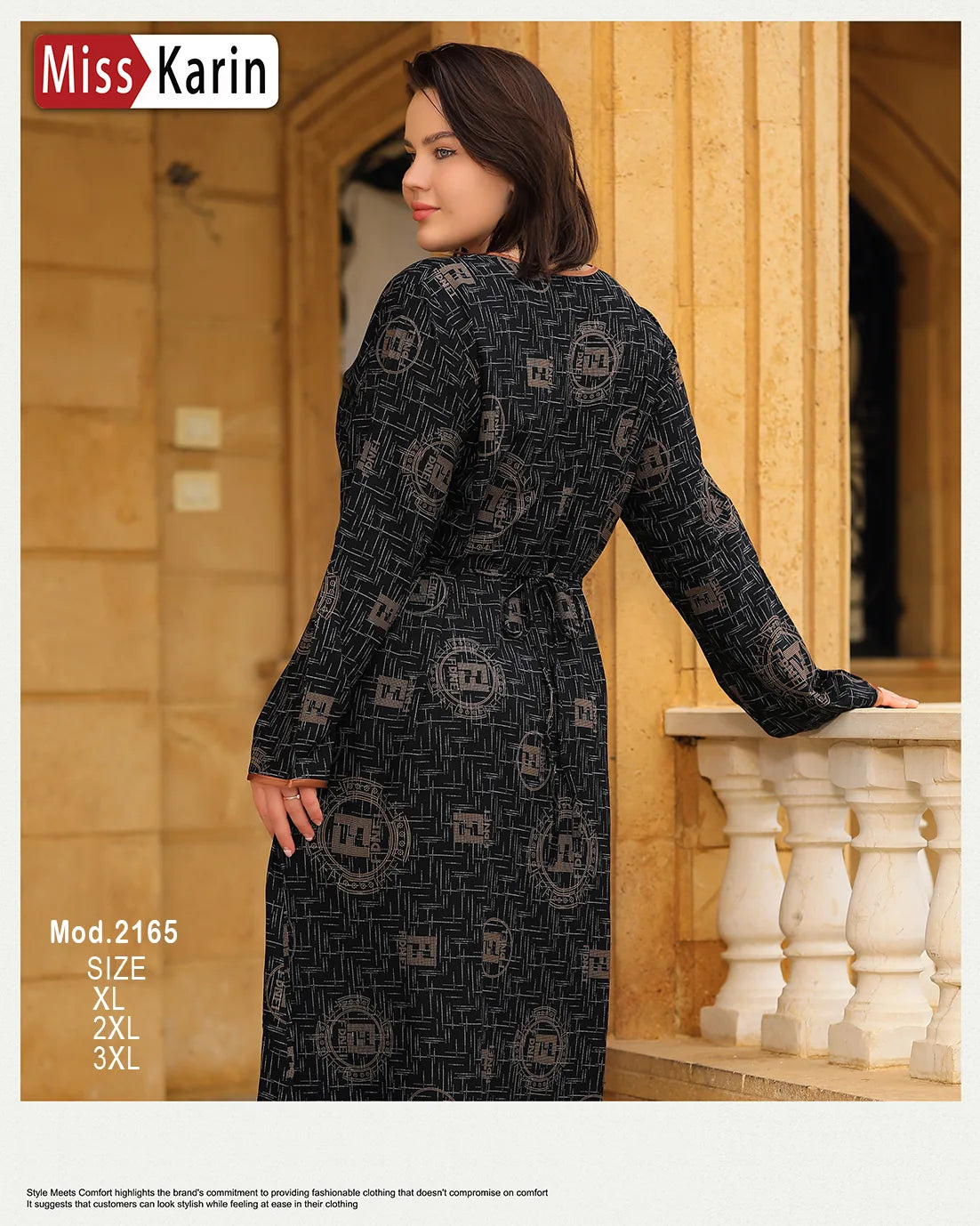 Woman wearing a patterned dress standing against a decorative wall with 'Miss Karin' branding.