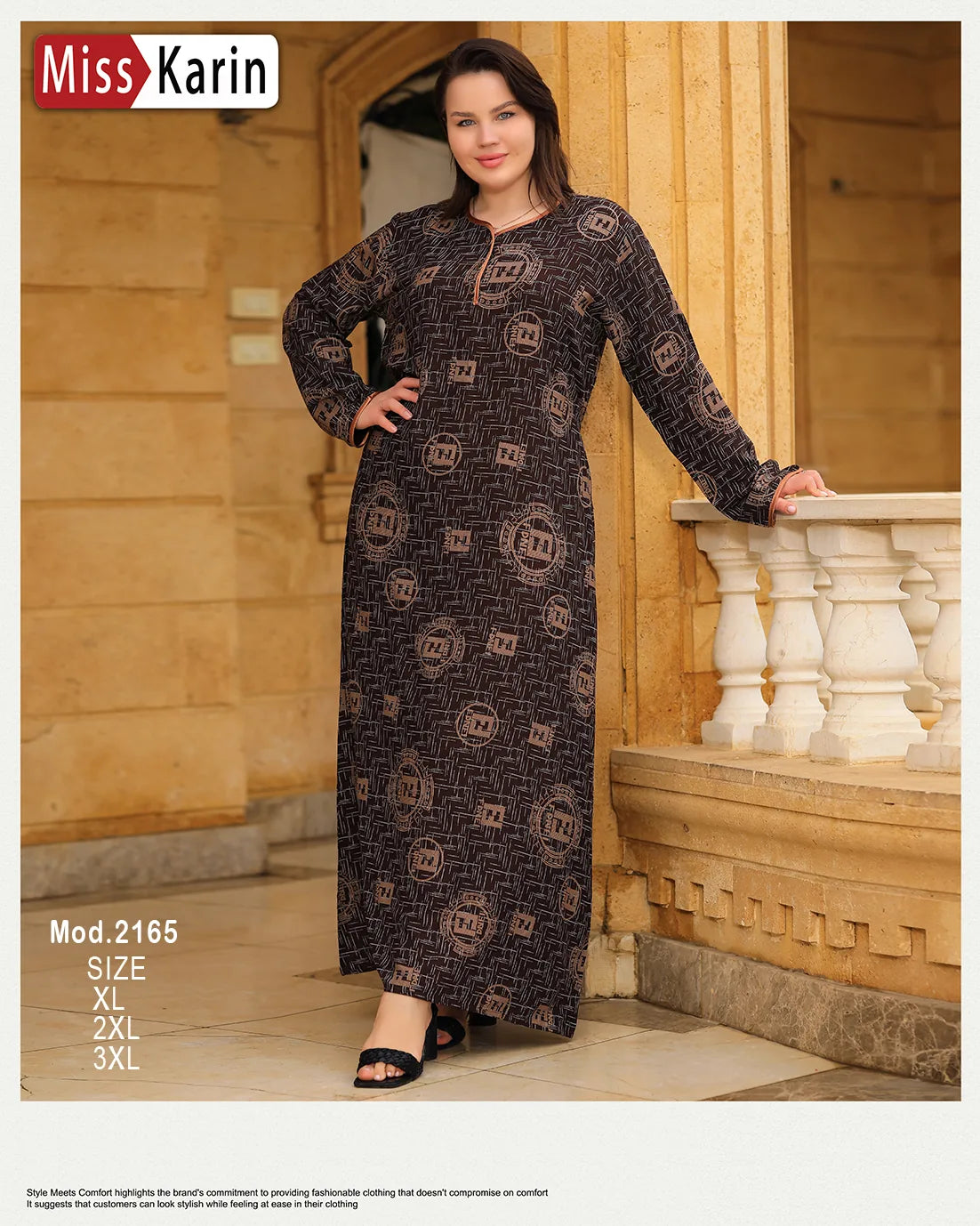 Woman wearing a long, patterned dress standing outdoors with 'Miss Karin' branding.