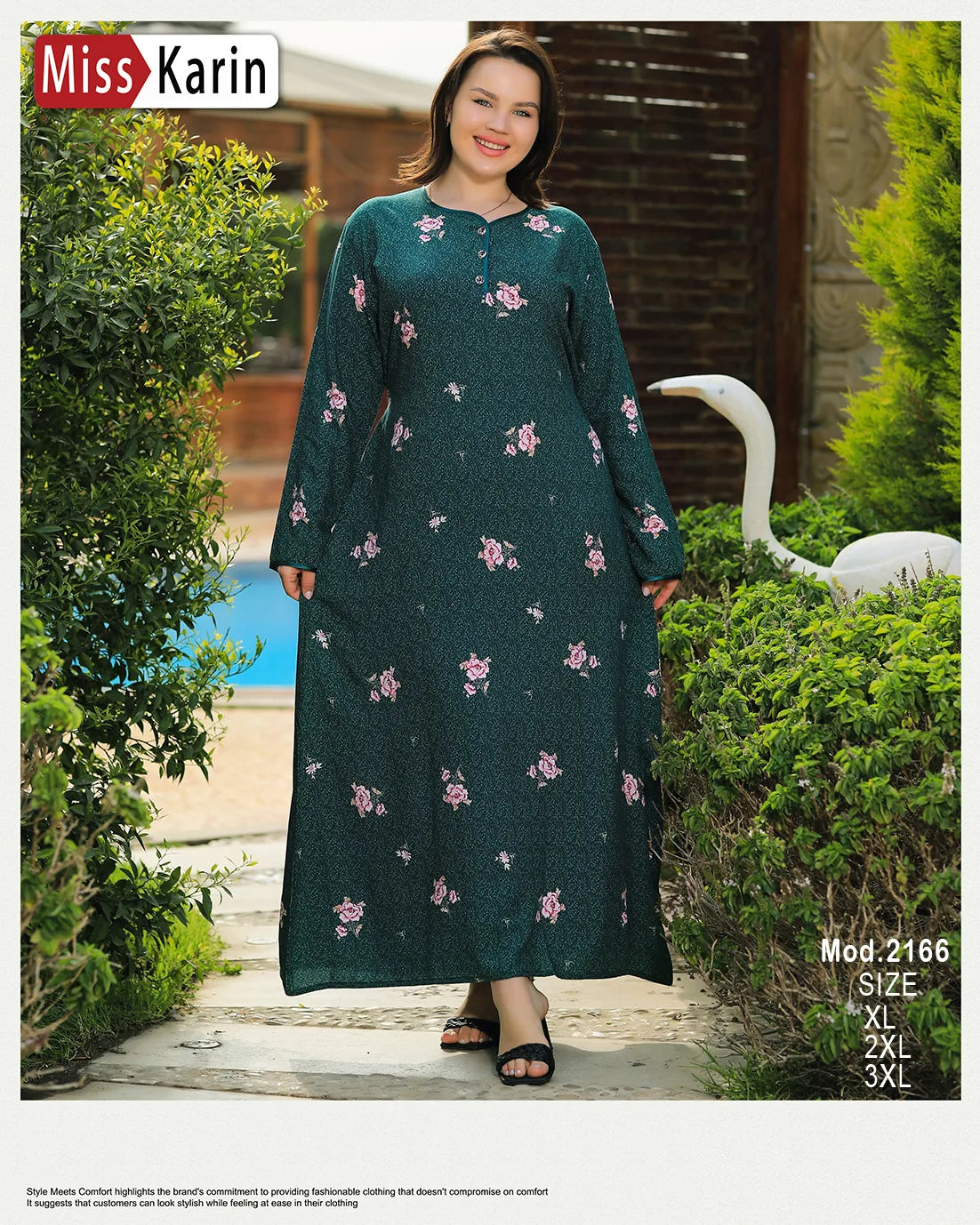 Woman wearing a green dress with floral patterns in an outdoor setting, with 'Miss Karin' branding.