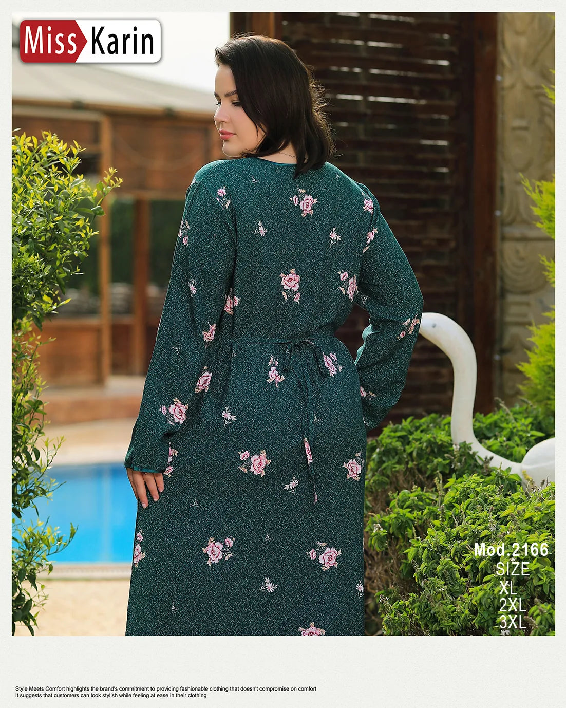 Woman wearing a green floral dress with 'Miss Karin' branding outdoors.