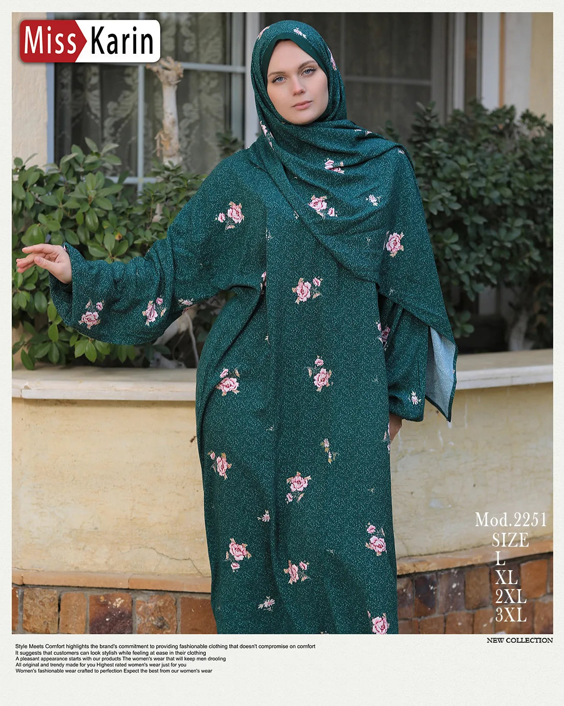 Woman wearing a green floral dress and hijab outdoors with 'Miss Karin' branding.