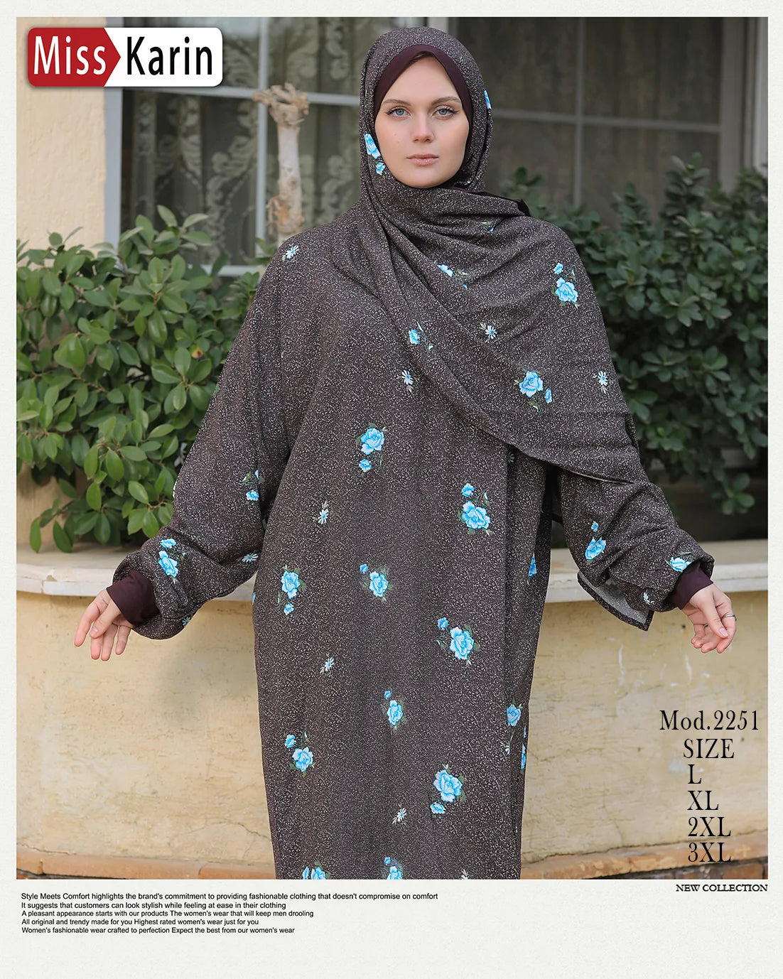 Woman wearing a dark gray dress with floral patterns in an outdoor setting, with 'Miss Karin' branding.