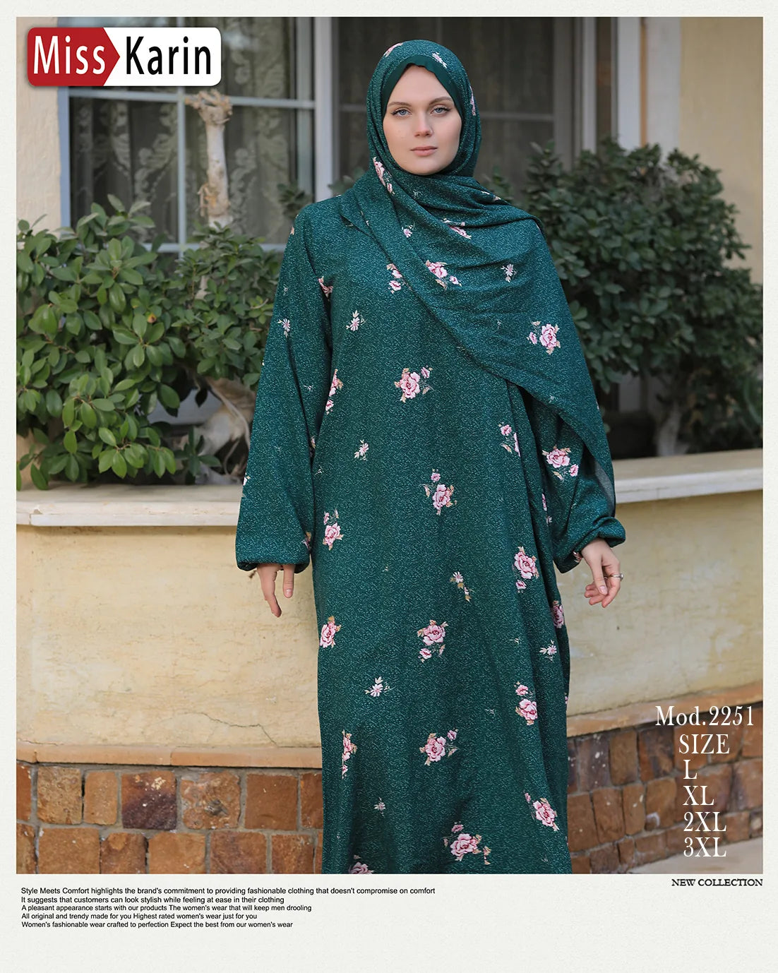 Woman wearing a green floral dress with a headscarf, standing outdoors.