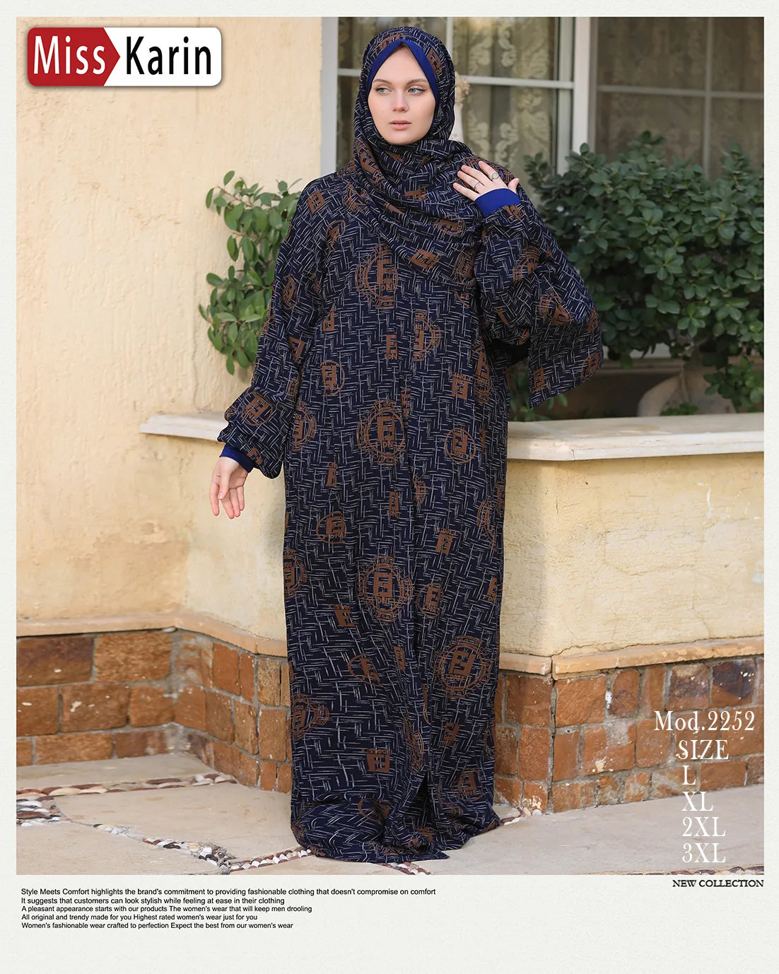 Woman wearing a dark patterned dress and headscarf standing outside a building with 'Miss Karin' branding.