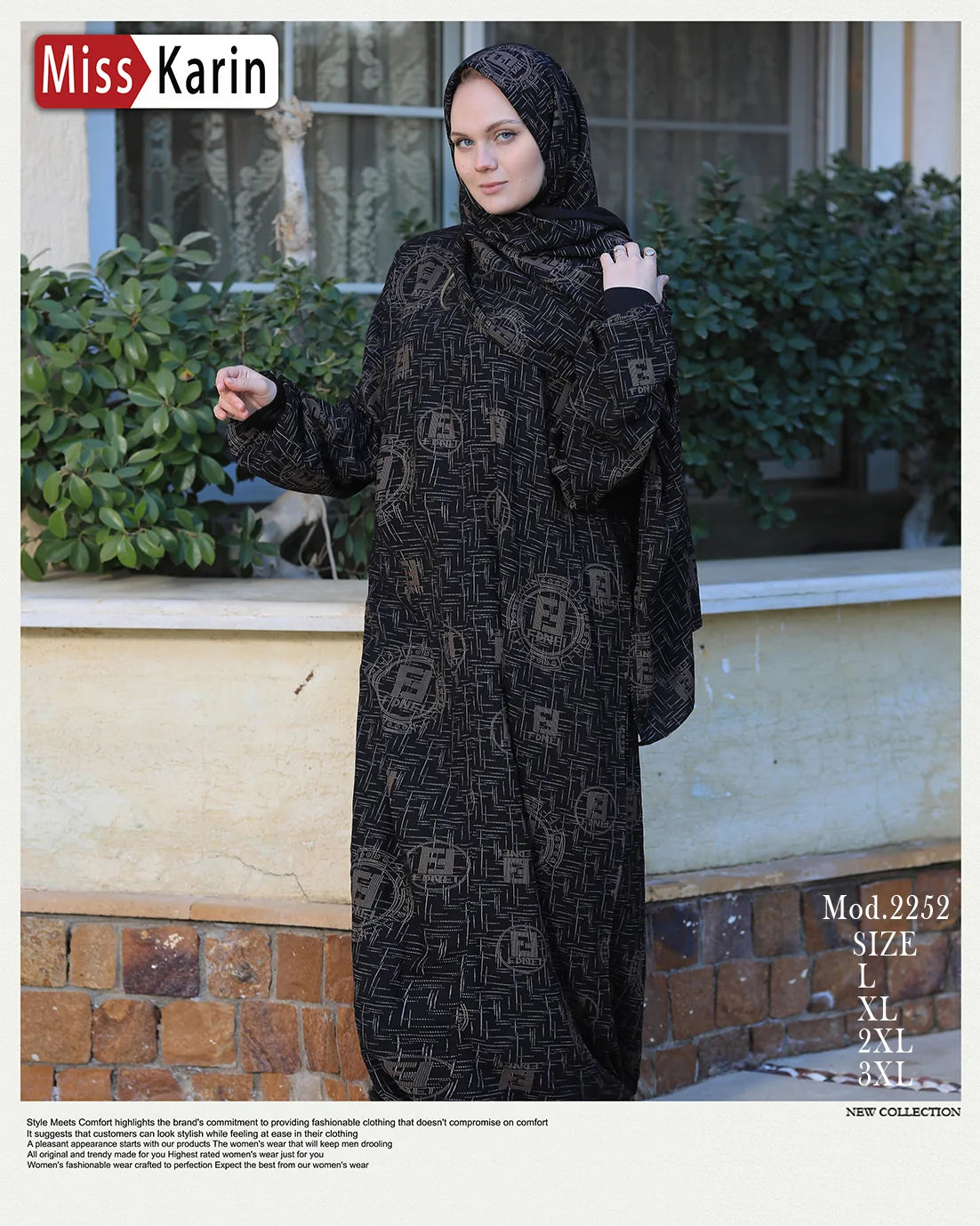 Woman wearing a black patterned abaya with 'Miss Karin' branding in an outdoor setting.