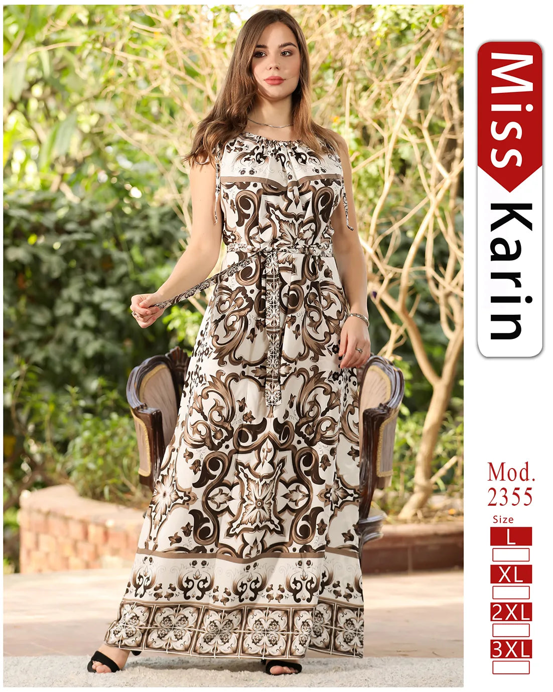 Woman wearing a patterned dress with 'Miss Karin' branding in the corner.
