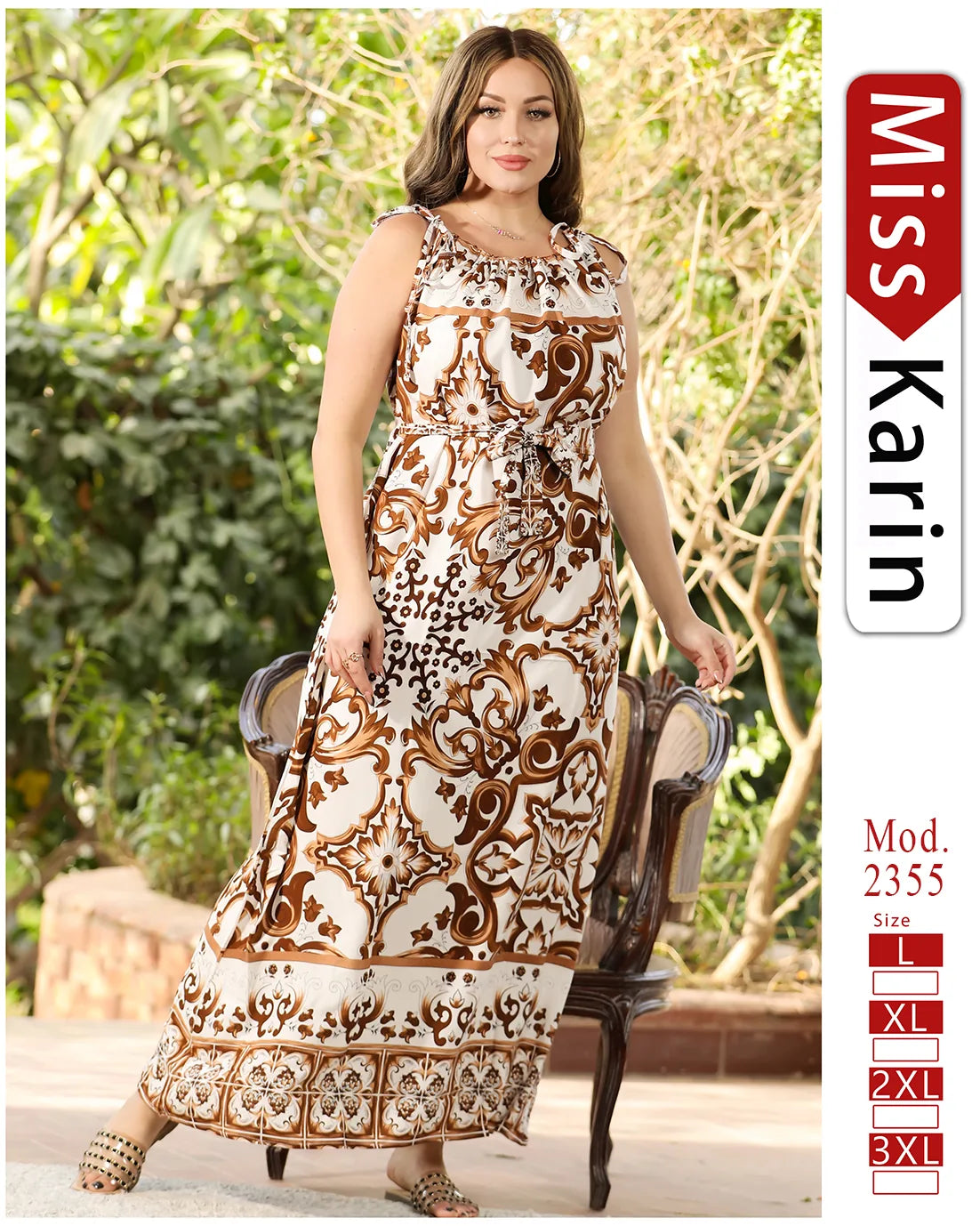 Woman wearing a patterned dress with 'Miss Karin' branding in the corner.